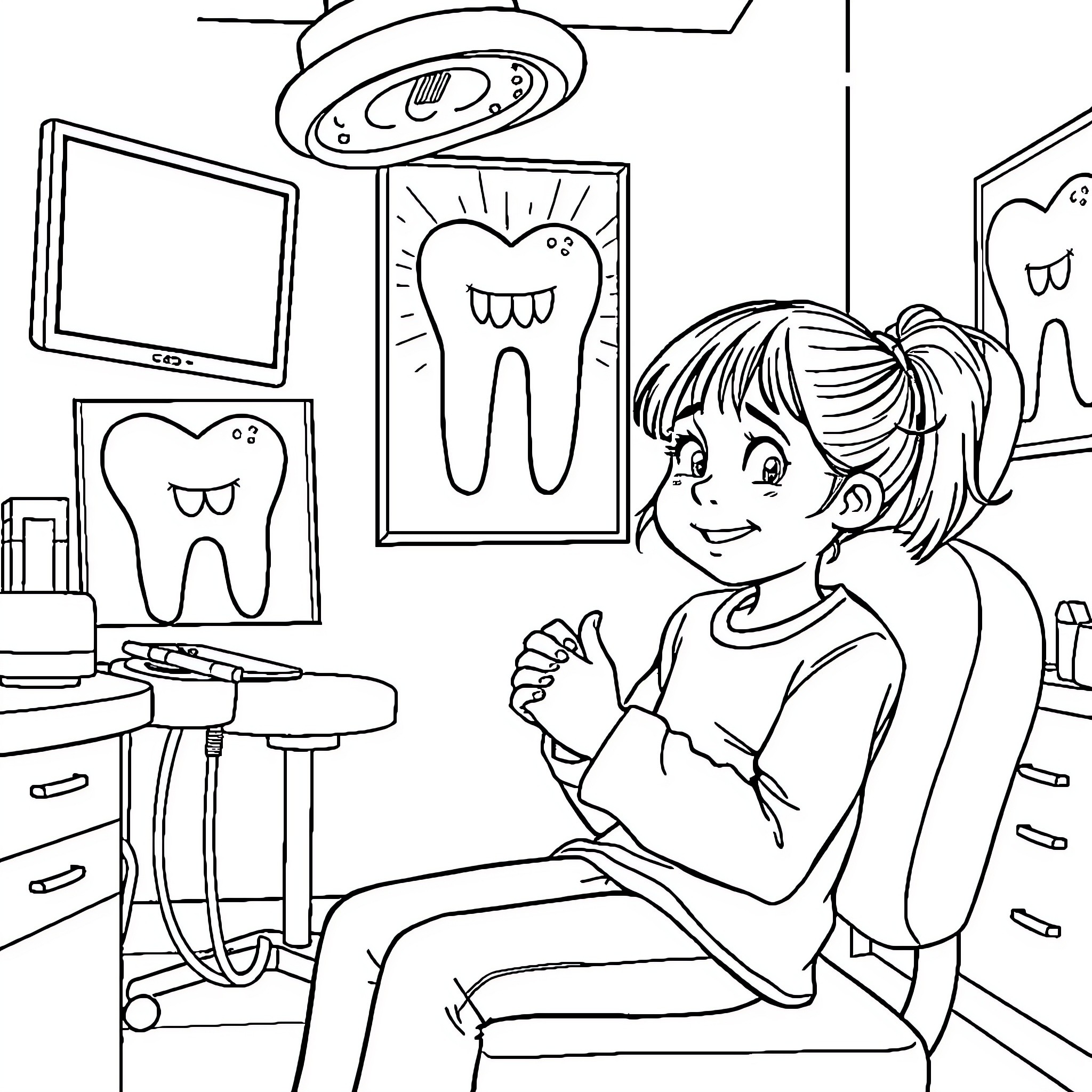 Girl at the dentist's office Coloring Page (free black-and-white line drawing printable PDF for all, from beginners to advanced learners, including children, teens, adults, and seniors)