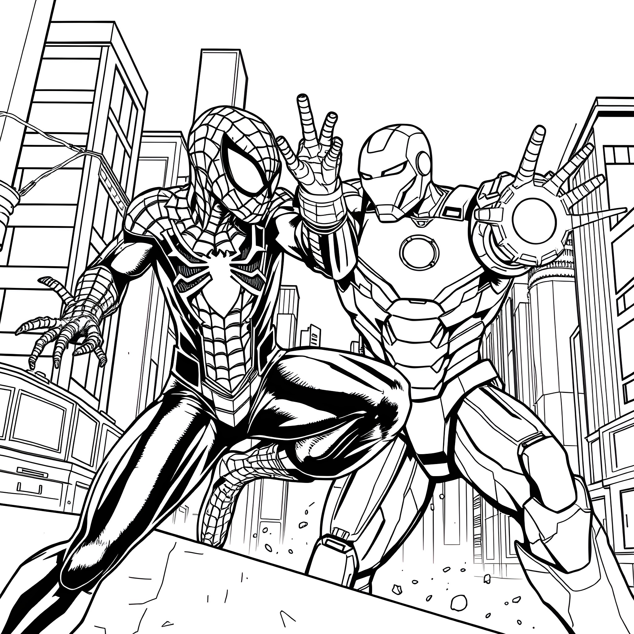 Spiderpunk heroes in action-packed city scene Coloring Page (free black-and-white line drawing printable PDF for all, from beginners to advanced learners, including children, teens, adults, and seniors)