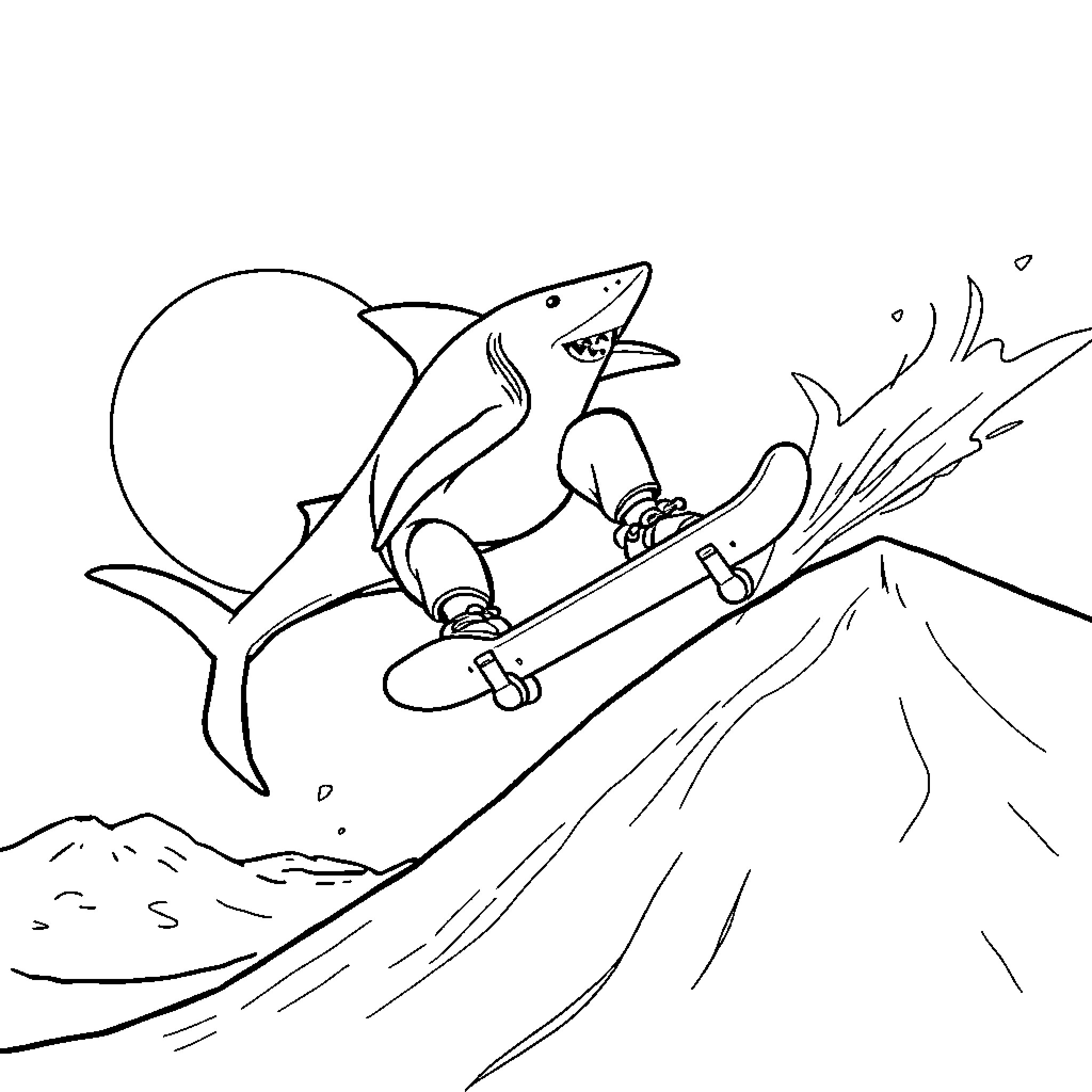 Shark riding a skateboard down a mountain Coloring Page (free black-and-white line drawing printable PDF for all, from beginners to advanced learners, including children, teens, adults, and seniors)