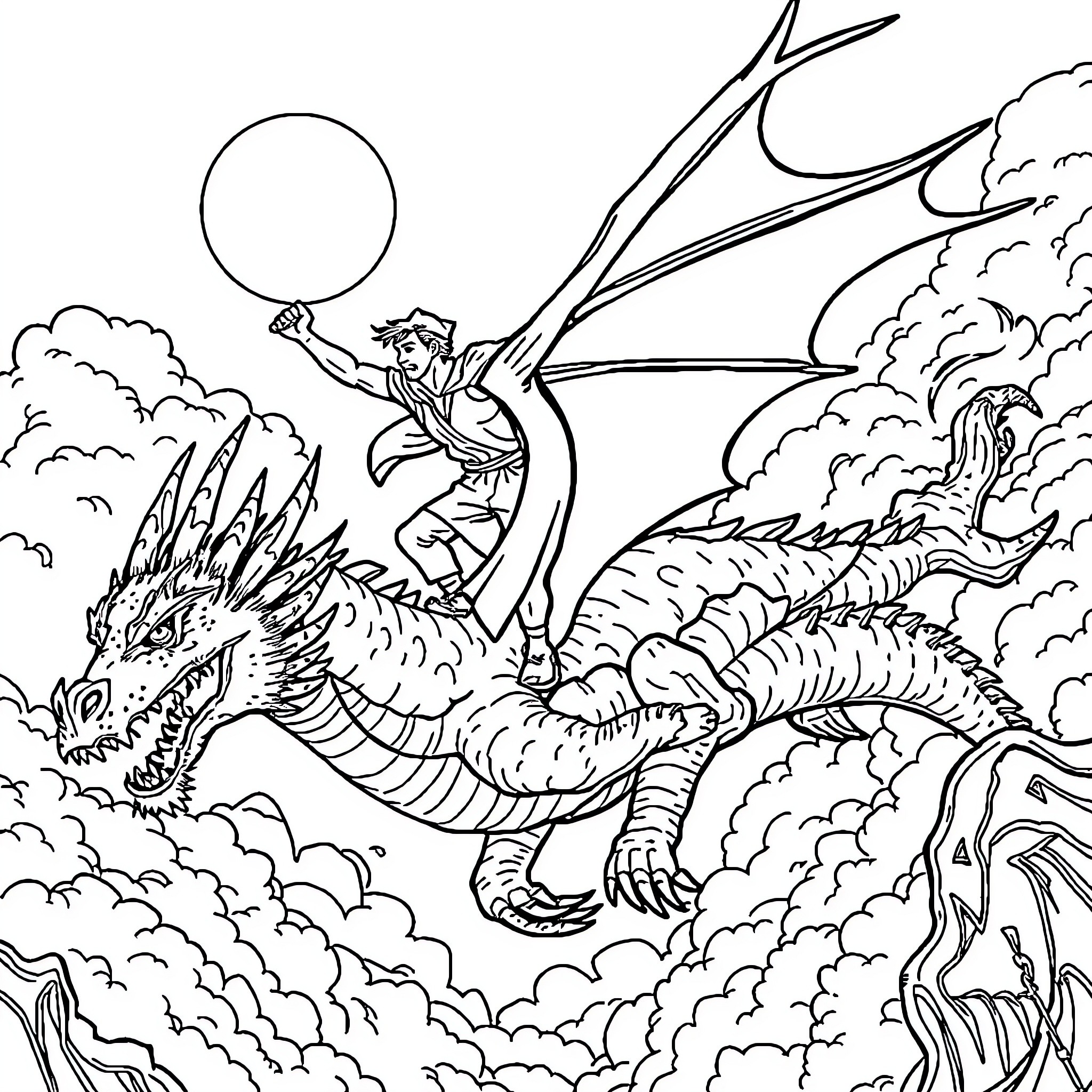 Man riding a fierce dragon in the sky Coloring Page (free black-and-white line drawing printable PDF for all, from beginners to advanced learners, including children, teens, adults, and seniors)