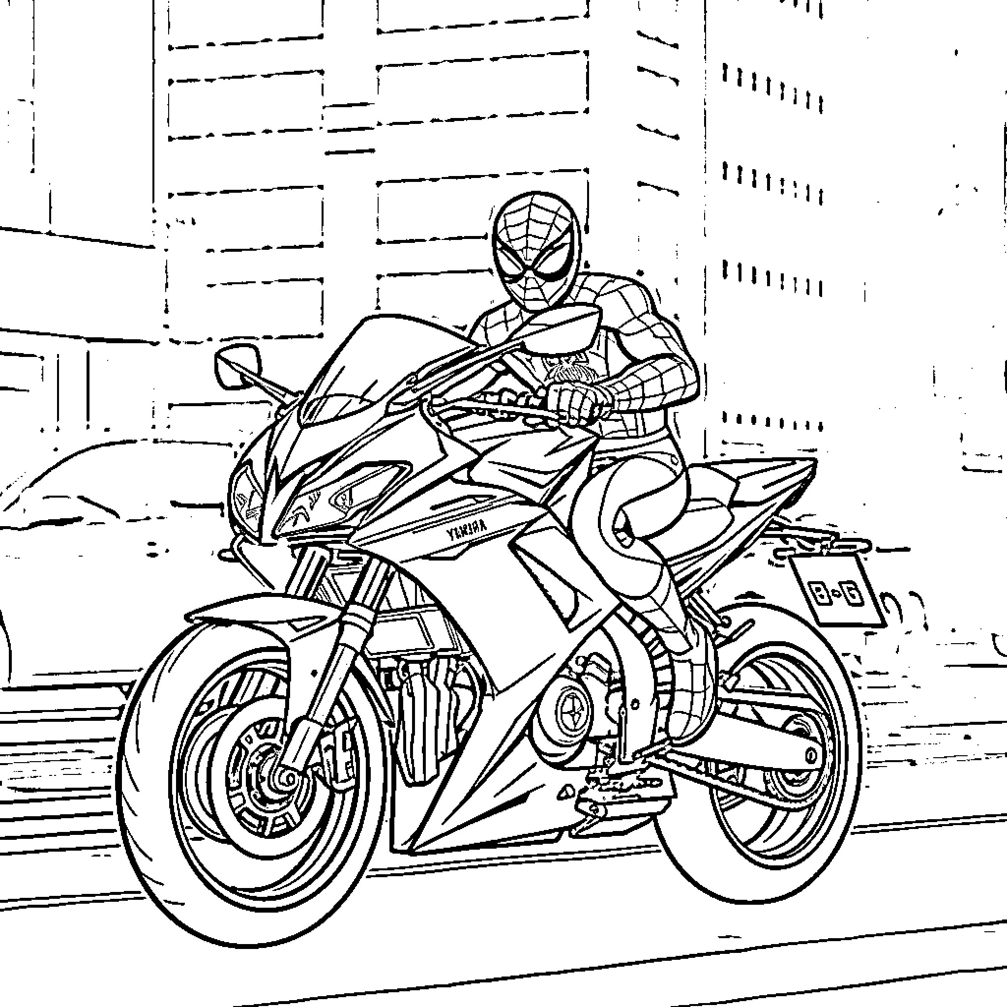 Spiderman riding a high-powered motorcycle in the city Coloring Page (free black-and-white line drawing printable PDF for all, from beginners to advanced learners, including children, teens, adults, and seniors)