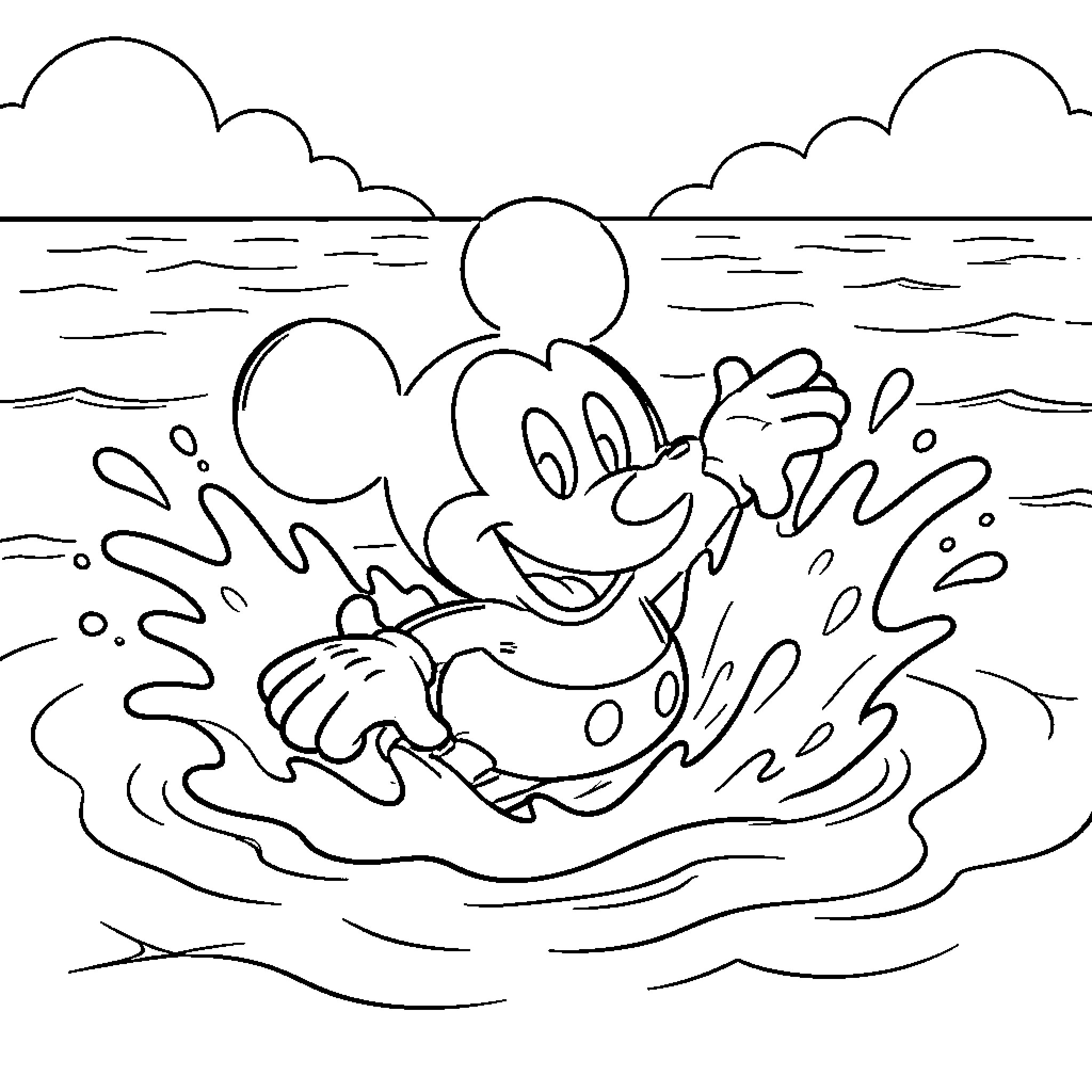 Mickey Mouse splashing happily in the ocean water Coloring Page (free black-and-white line drawing printable PDF for all, from beginners to advanced learners, including children, teens, adults, and seniors)