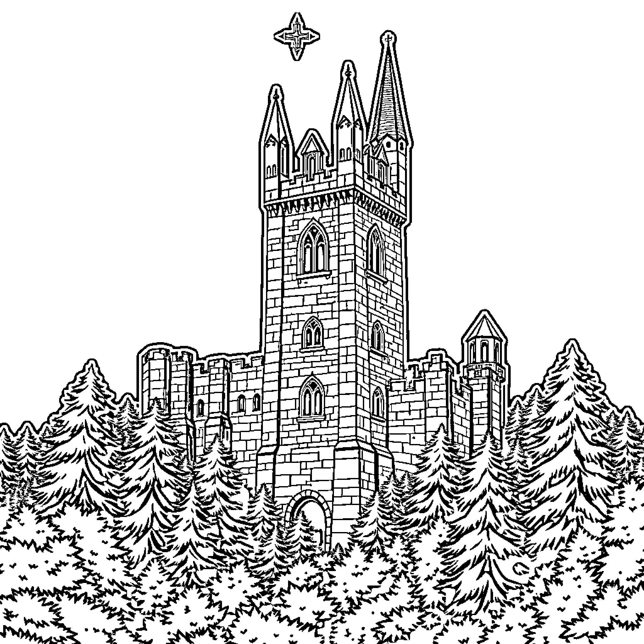 Castle with Towering Spires and Lush Forest Coloring Page (free black-and-white line drawing printable PDF for all, from beginners to advanced learners, including children, teens, adults, and seniors)