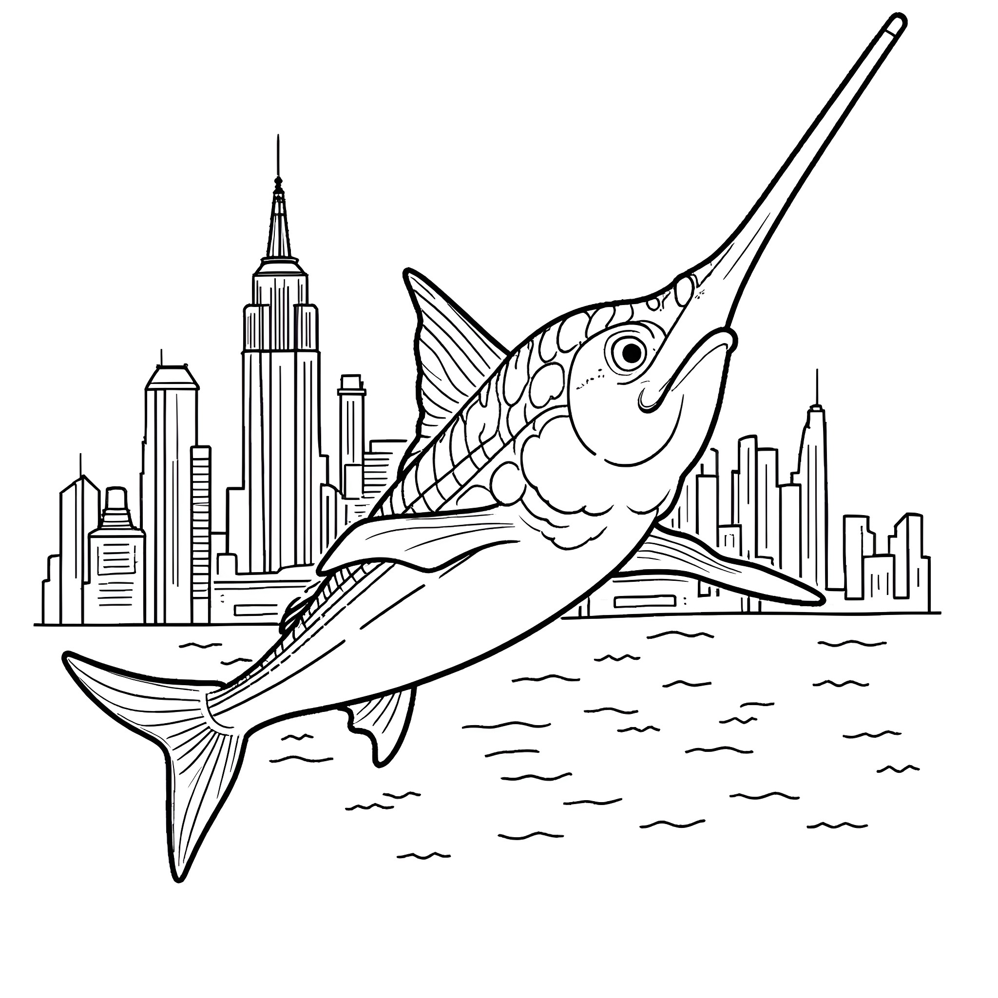 Marlin catching fish in the city skyline Coloring Page (free black-and-white line drawing printable PDF for all, from beginners to advanced learners, including children, teens, adults, and seniors)