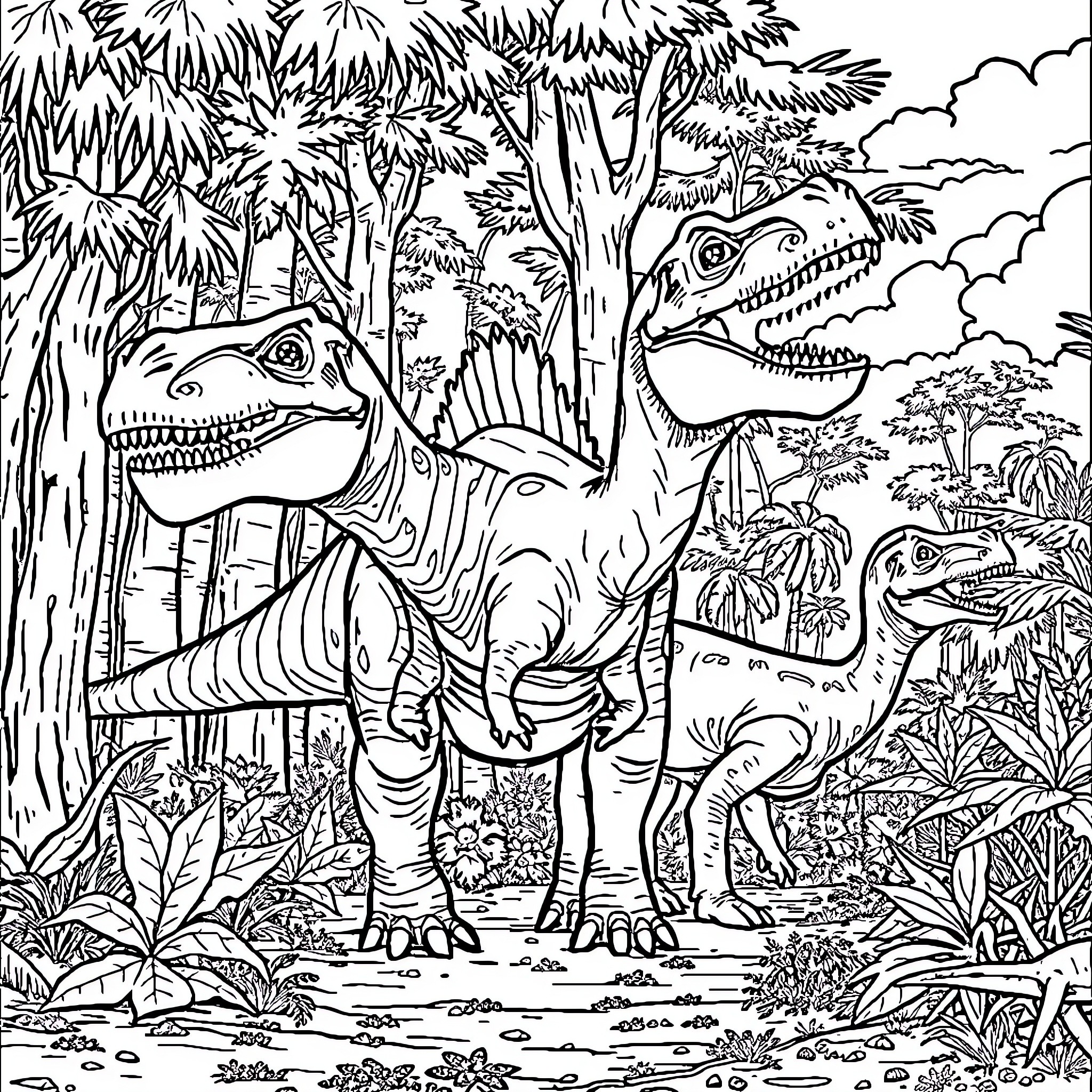 Dinosaurs roaming the prehistoric jungle Coloring Page (free black-and-white line drawing printable PDF for all, from beginners to advanced learners, including children, teens, adults, and seniors)