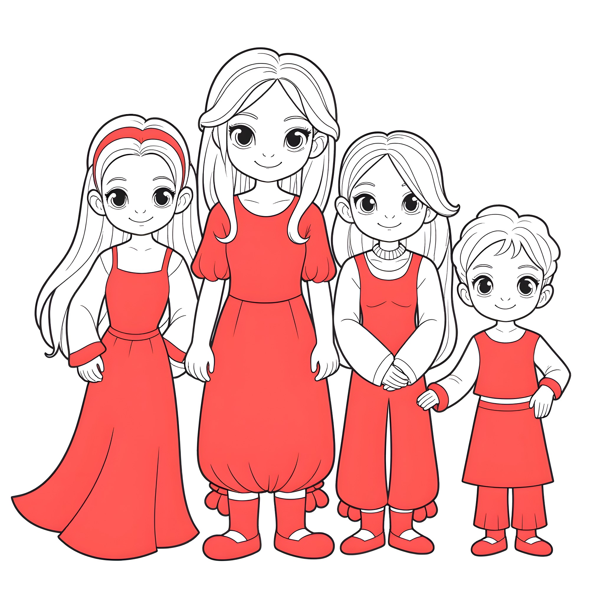 Red-Clad Family Posing Together Coloring Page (free black-and-white line drawing printable PDF for all, from beginners to advanced learners, including children, teens, adults, and seniors)