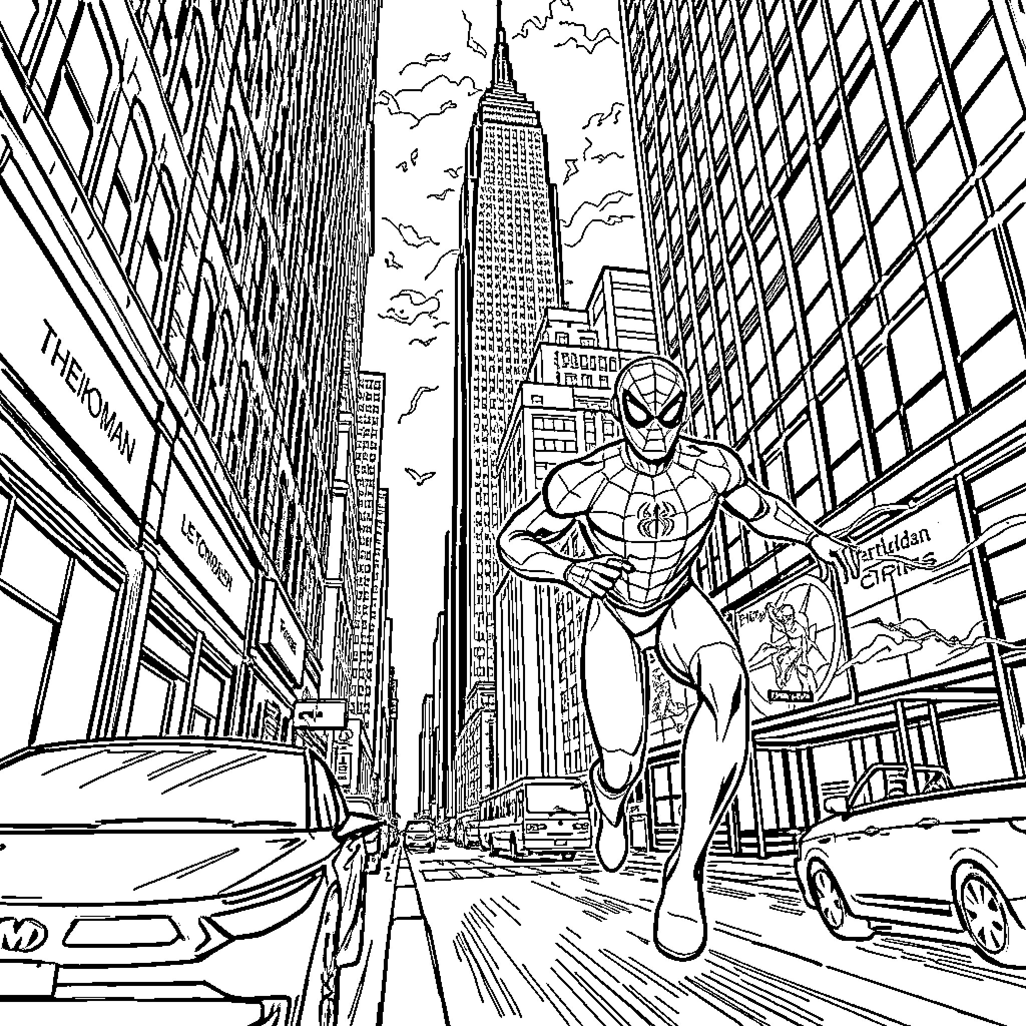Spiderman swinging through the bustling city streets Coloring Page (free black-and-white line drawing printable PDF for all, from beginners to advanced learners, including children, teens, adults, and seniors)