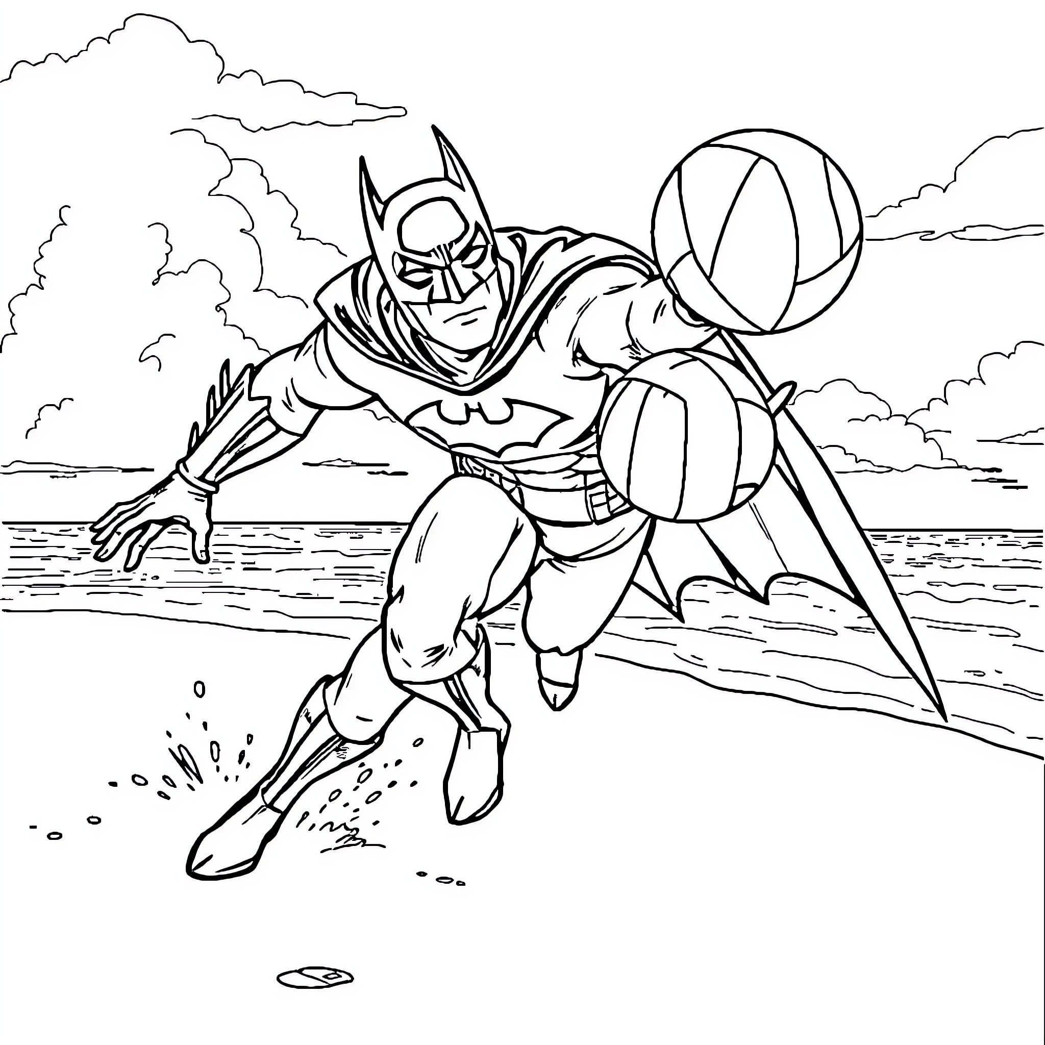 Batman's Heroic Leap into Action Coloring Page (free black-and-white line drawing printable PDF for all, from beginners to advanced learners, including children, teens, adults, and seniors)