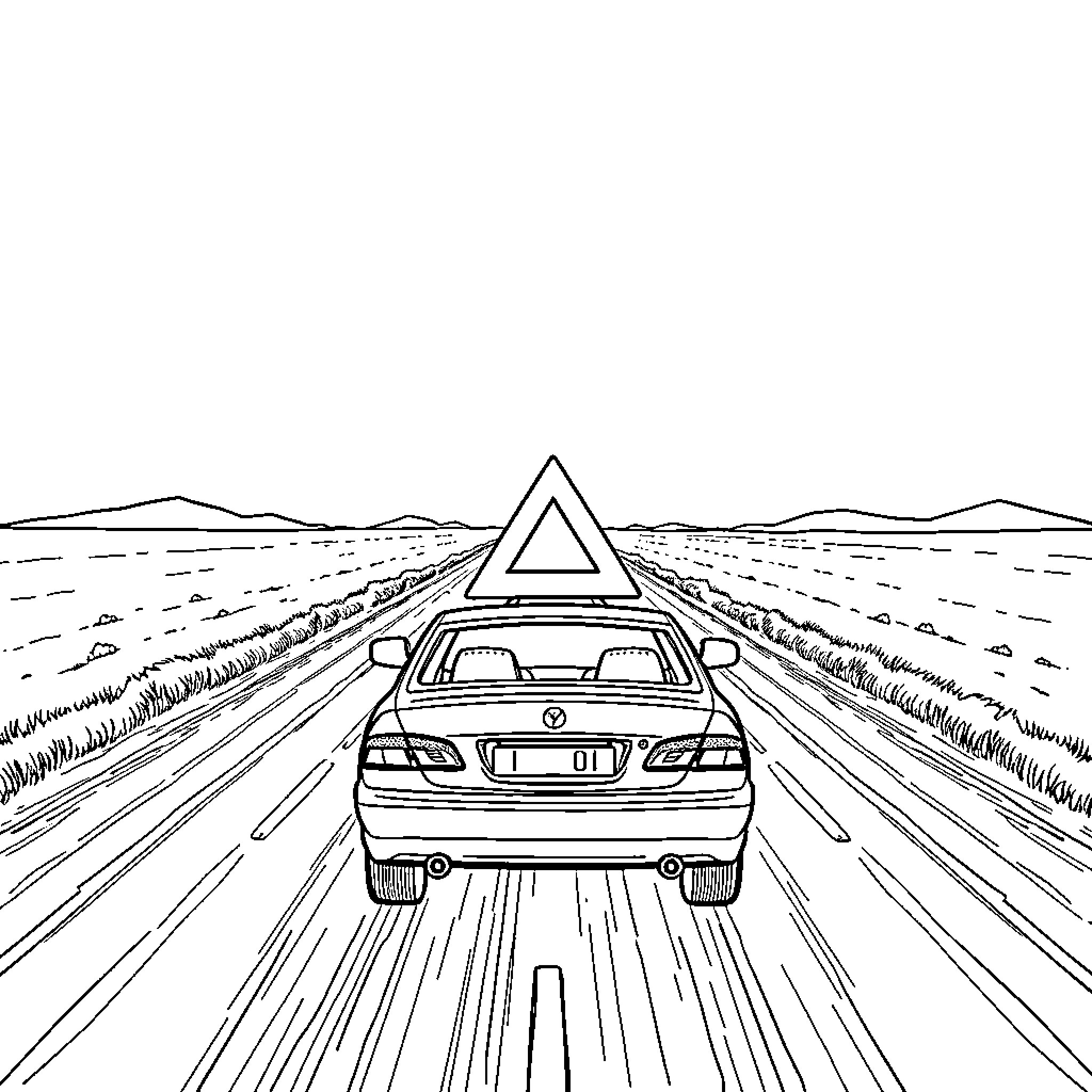 Car speeding on long desert road Coloring Page (free black-and-white line drawing printable PDF for all, from beginners to advanced learners, including children, teens, adults, and seniors)