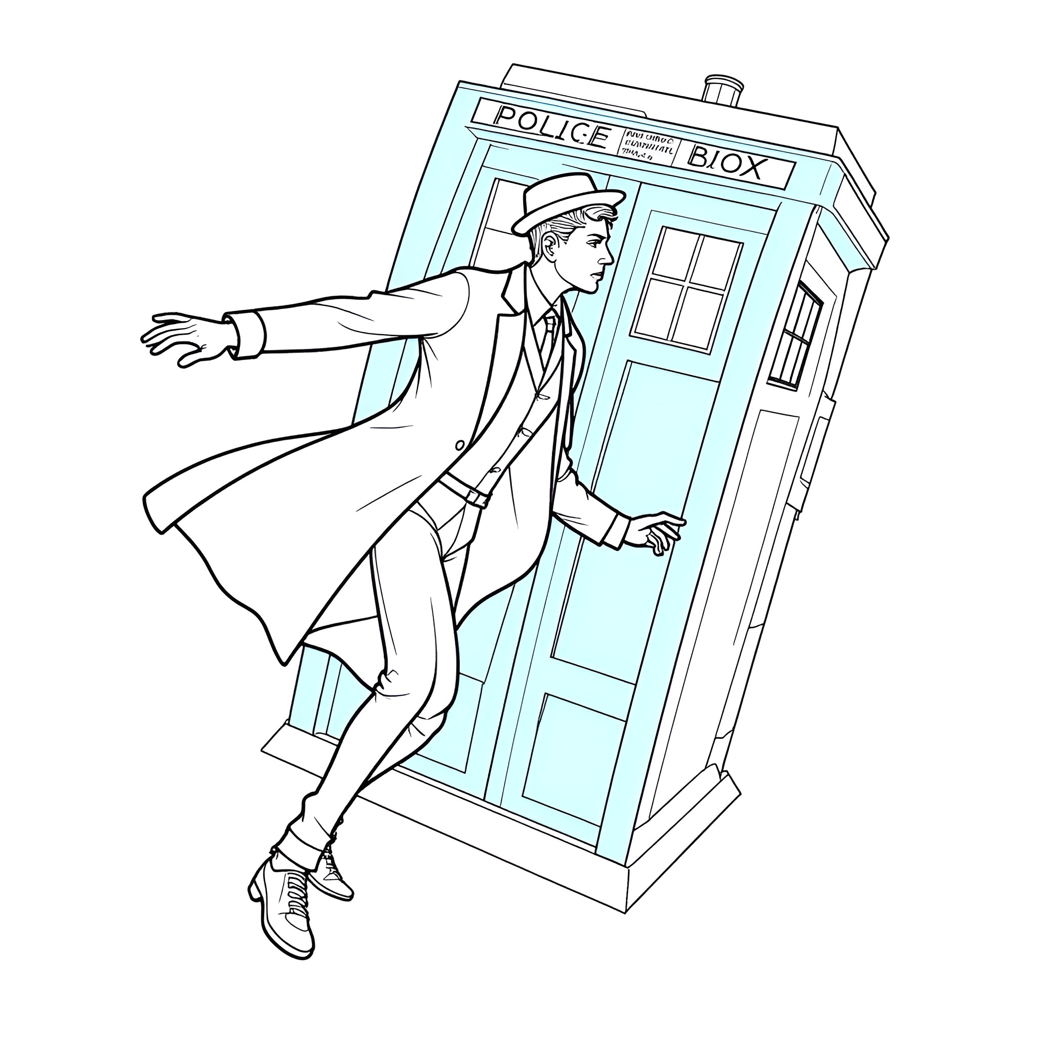 Doctor entering police box with excitement Coloring Page (free black-and-white line drawing printable PDF for all, from beginners to advanced learners, including children, teens, adults, and seniors)