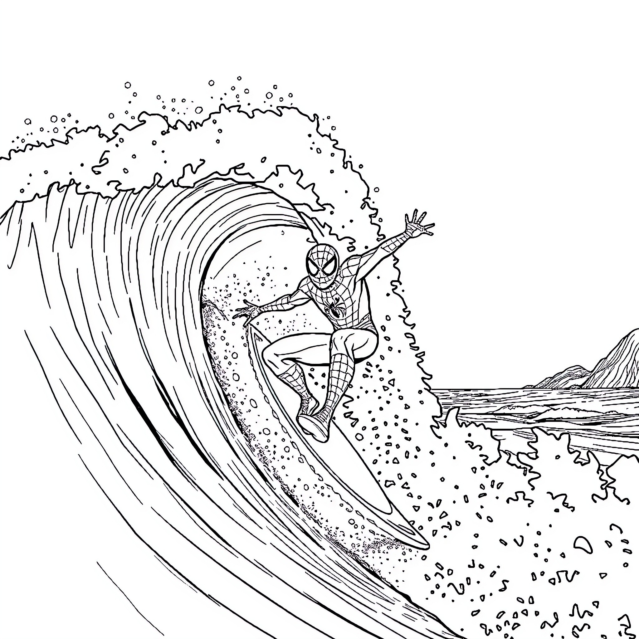 Spider-Man surfing a massive wave Coloring Page (free black-and-white line drawing printable PDF for all, from beginners to advanced learners, including children, teens, adults, and seniors)