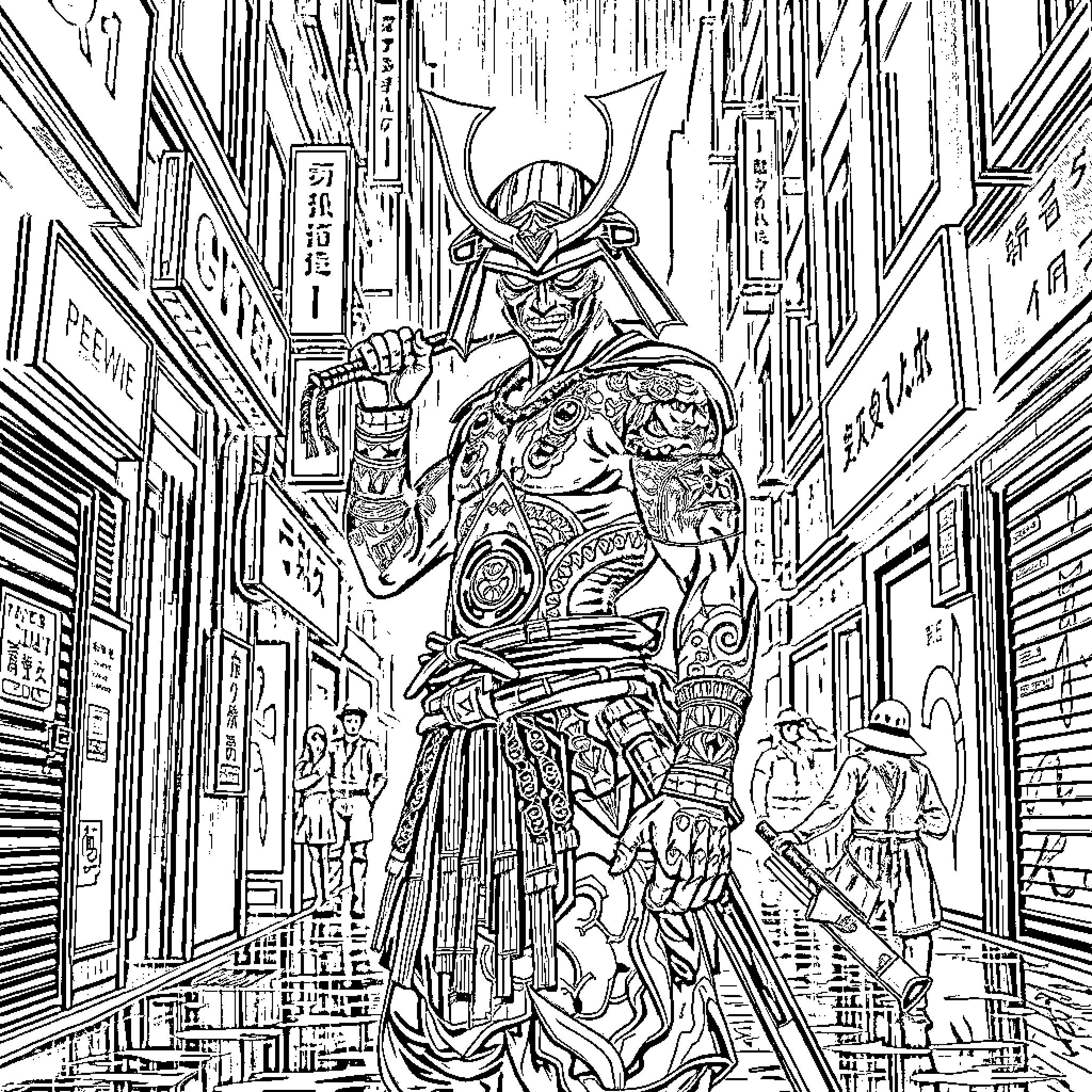 Samurai warrior in elaborate attire stalking through the city streets Coloring Page (free black-and-white line drawing printable PDF for all, from beginners to advanced learners, including children, teens, adults, and seniors)