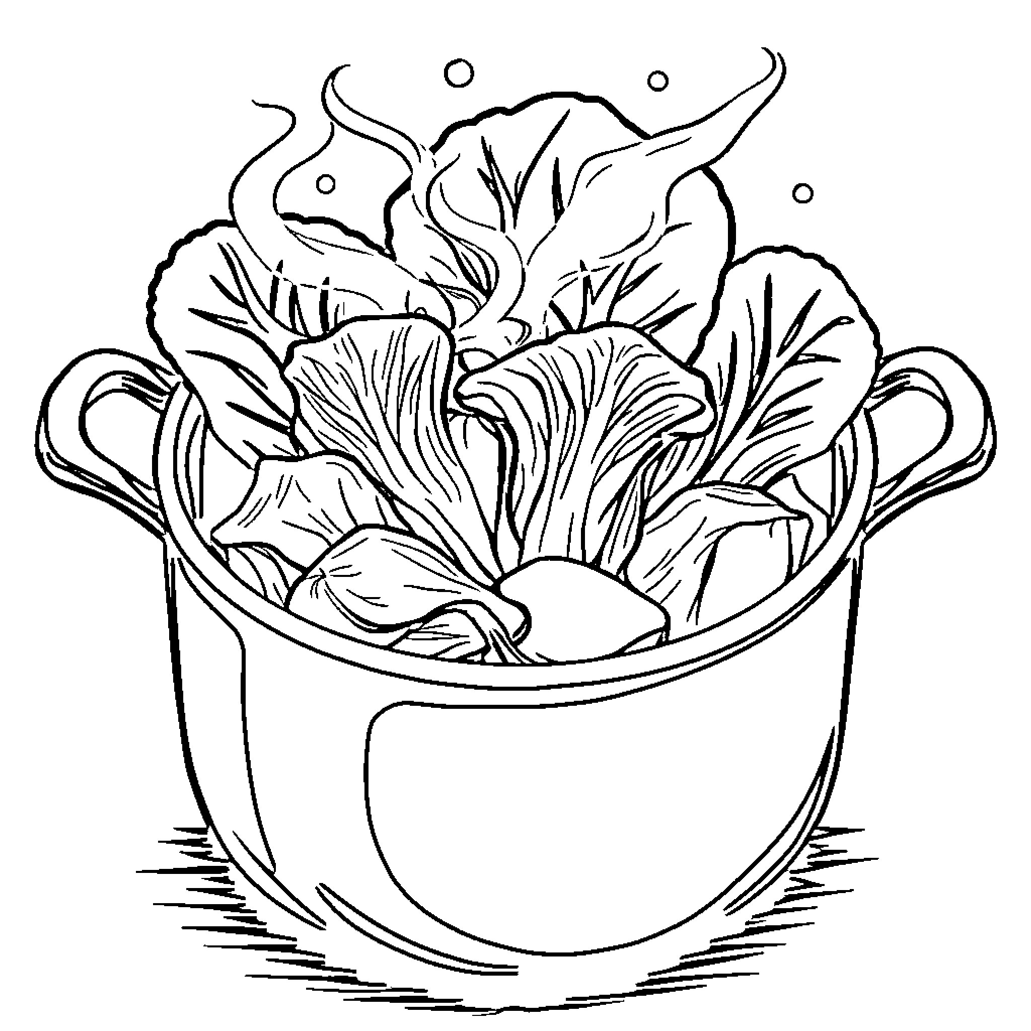 Cabbage Soup Pot with Vegetables Coloring Page (free black-and-white line drawing printable PDF for all, from beginners to advanced learners, including children, teens, adults, and seniors)