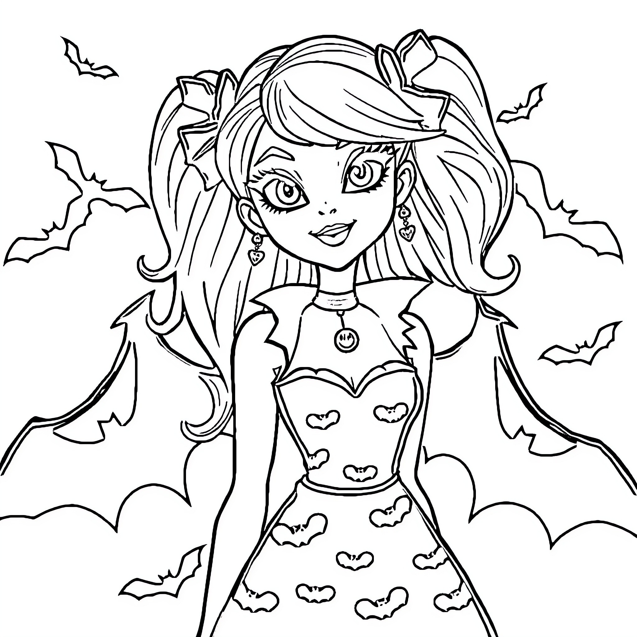 Draculaura enjoying a spooky Halloween scene Coloring Page (free black-and-white line drawing printable PDF for all, from beginners to advanced learners, including children, teens, adults, and seniors)