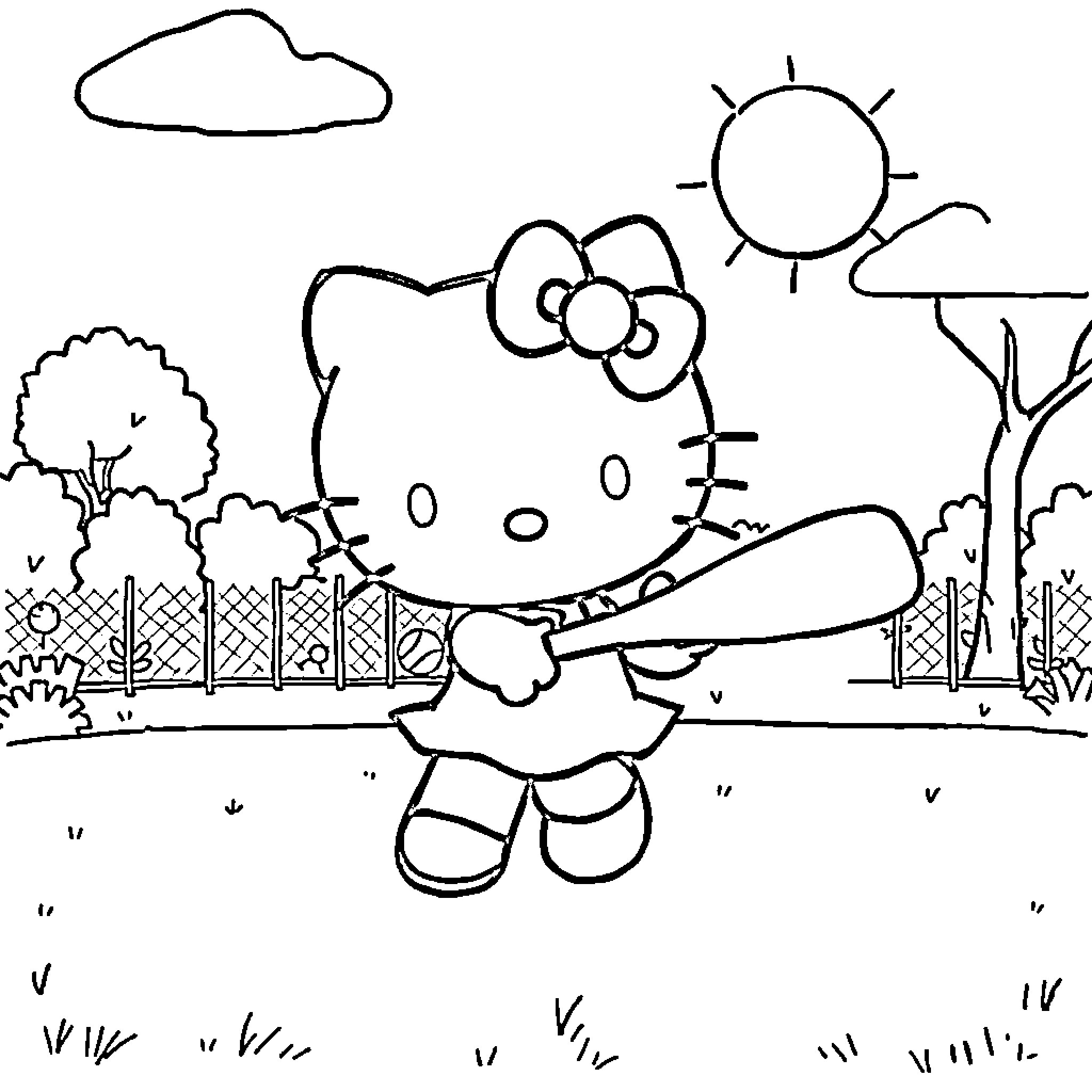 Hello Kitty enjoying a sunny day in the park Coloring Page (free black-and-white line drawing printable PDF for all, from beginners to advanced learners, including children, teens, adults, and seniors)
