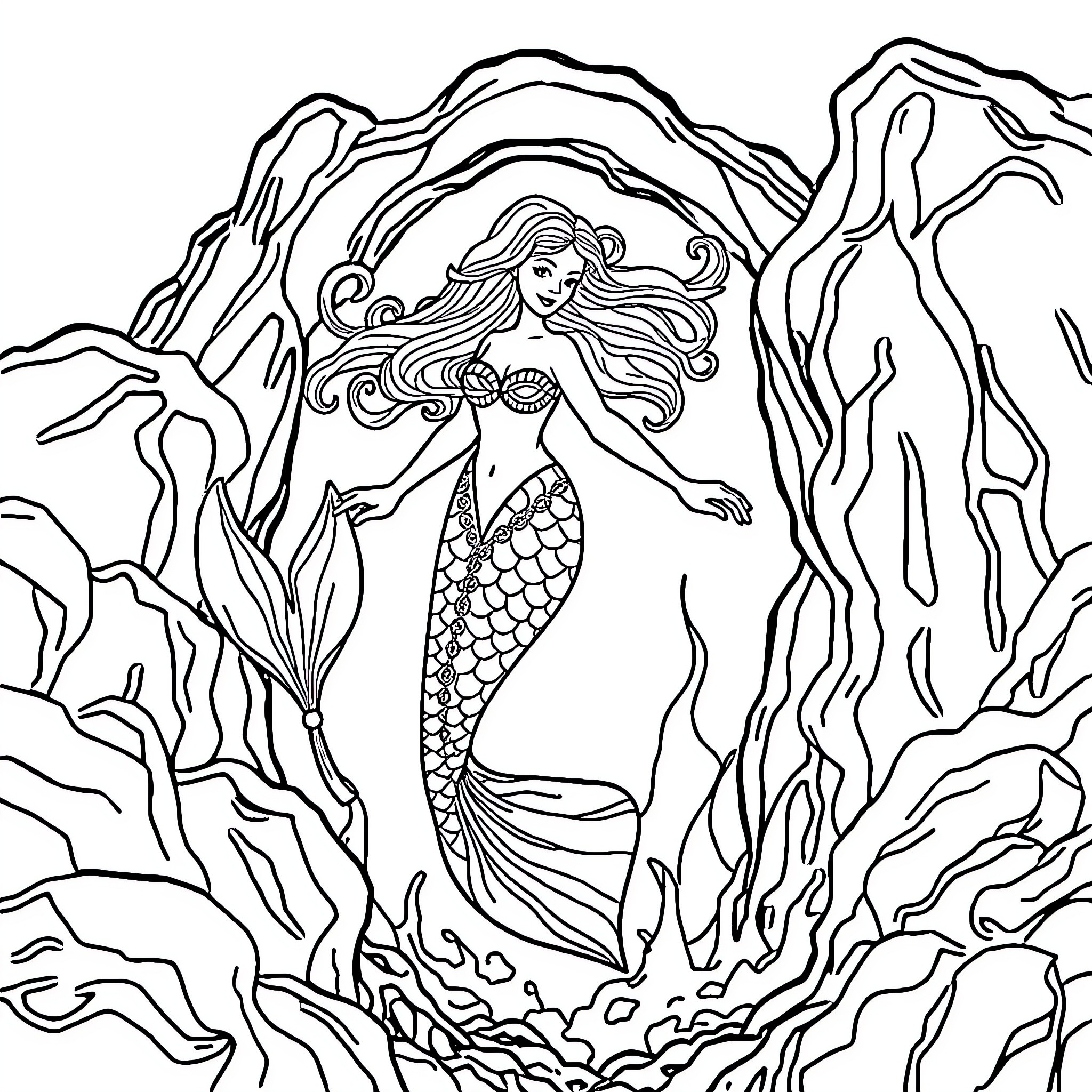 Mermaid gracefully swimming through an underwater fantasy landscape Coloring Page (free black-and-white line drawing printable PDF for all, from beginners to advanced learners, including children, teens, adults, and seniors)