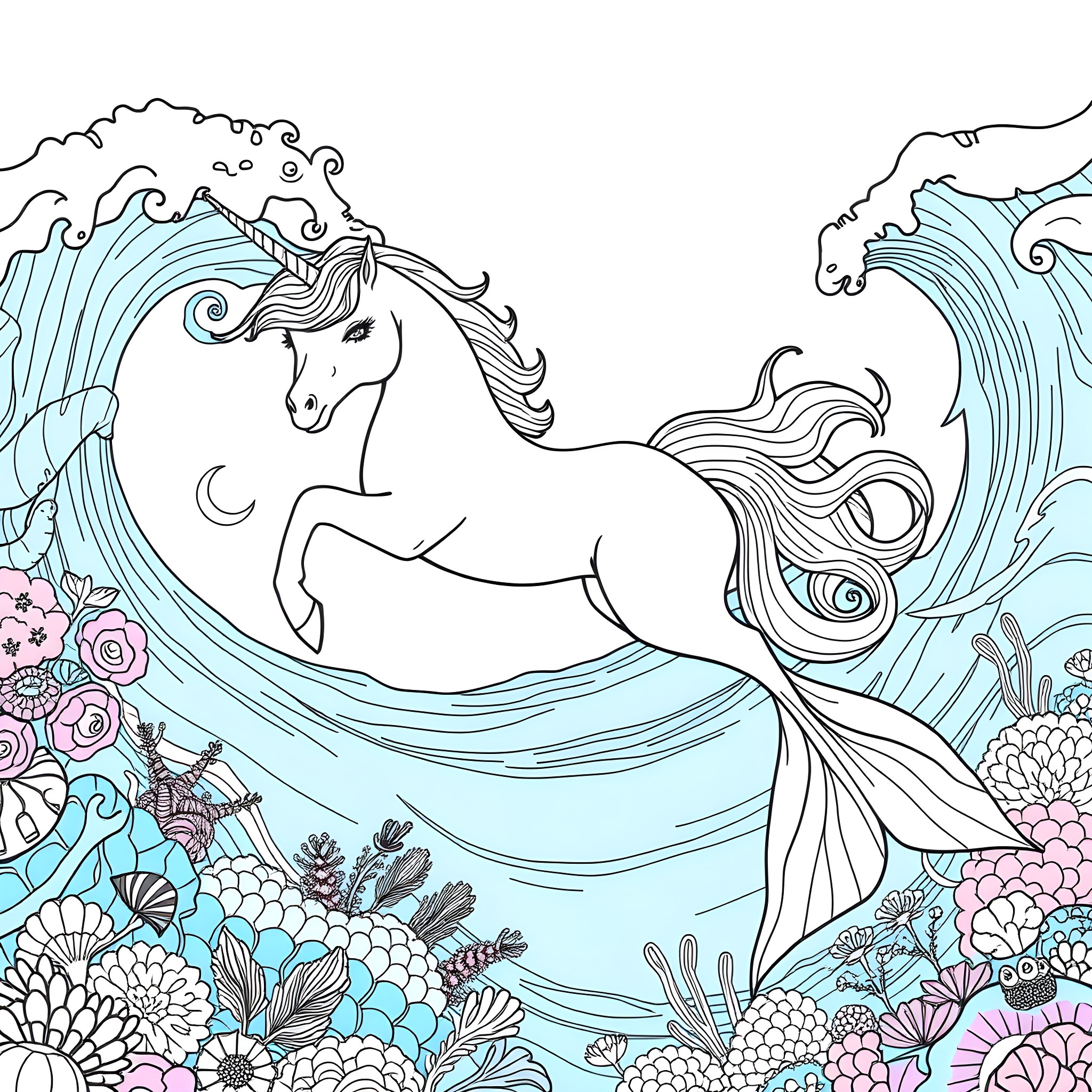 Unicorn galloping through enchanted waves and flowers Coloring Page (free black-and-white line drawing printable PDF for all, from beginners to advanced learners, including children, teens, adults, and seniors)