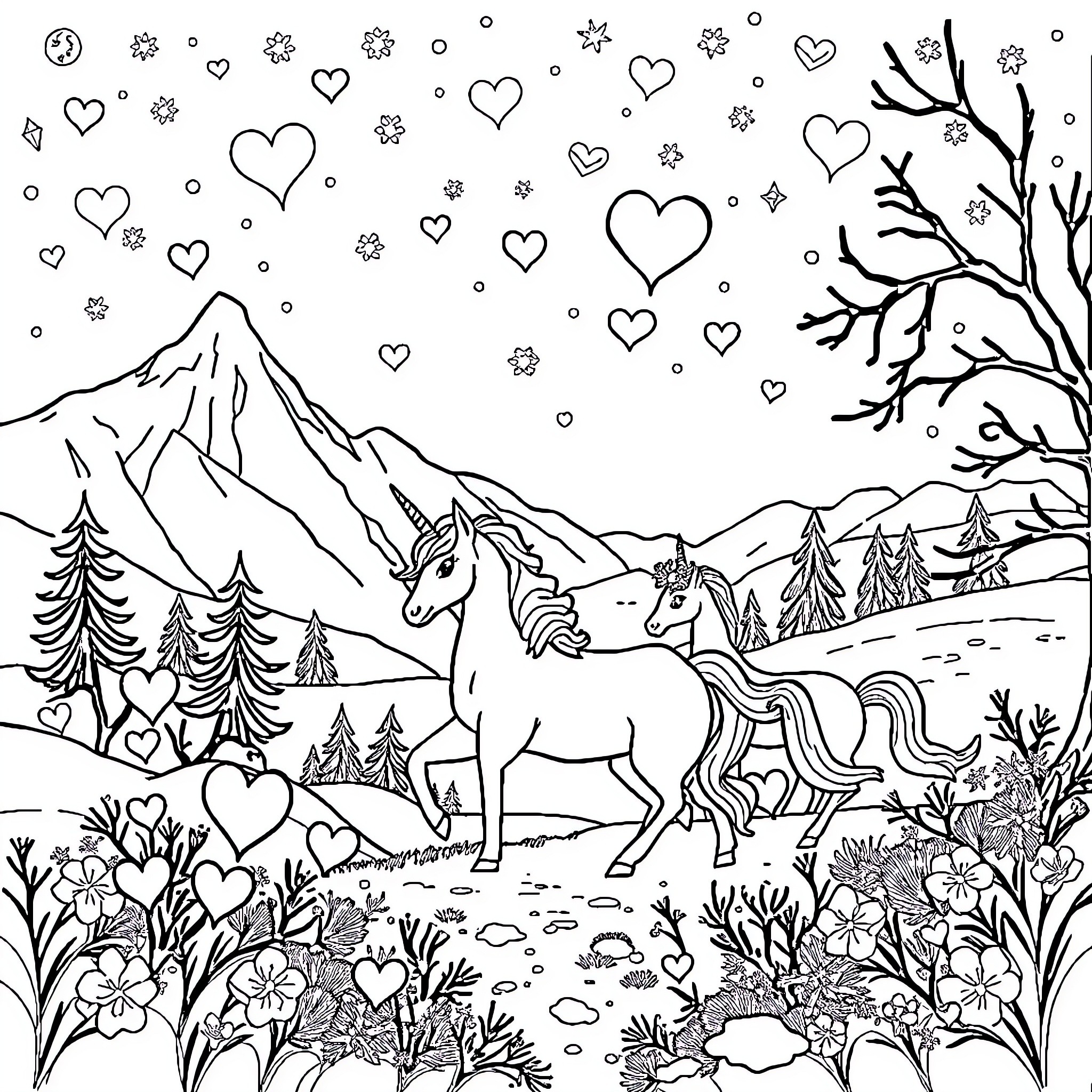 Unicorn couple frolicking in a whimsical landscape Coloring Page (free black-and-white line drawing printable PDF for all, from beginners to advanced learners, including children, teens, adults, and seniors)