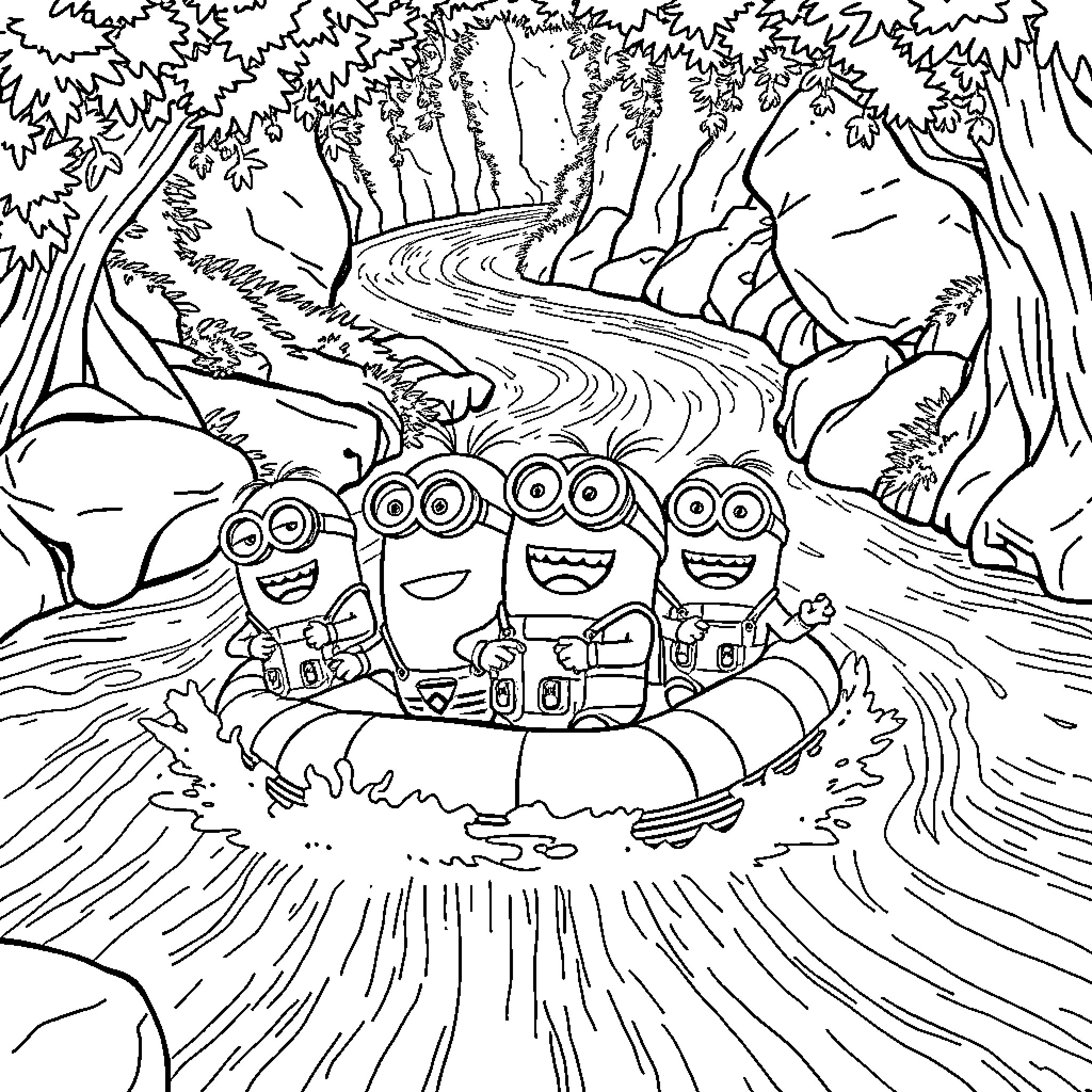 Minions enjoying a scenic forest journey Coloring Page (free black-and-white line drawing printable PDF for all, from beginners to advanced learners, including children, teens, adults, and seniors)