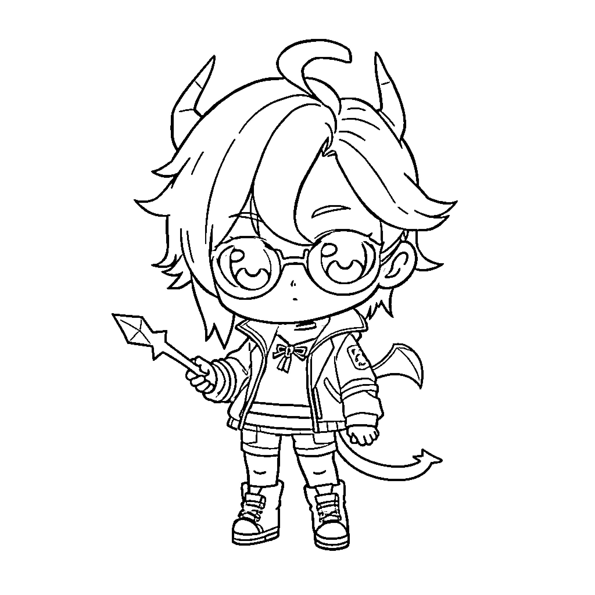 Rumi the Chibi Devil Warrior Coloring Page (free black-and-white line drawing printable PDF for all, from beginners to advanced learners, including children, teens, adults, and seniors)