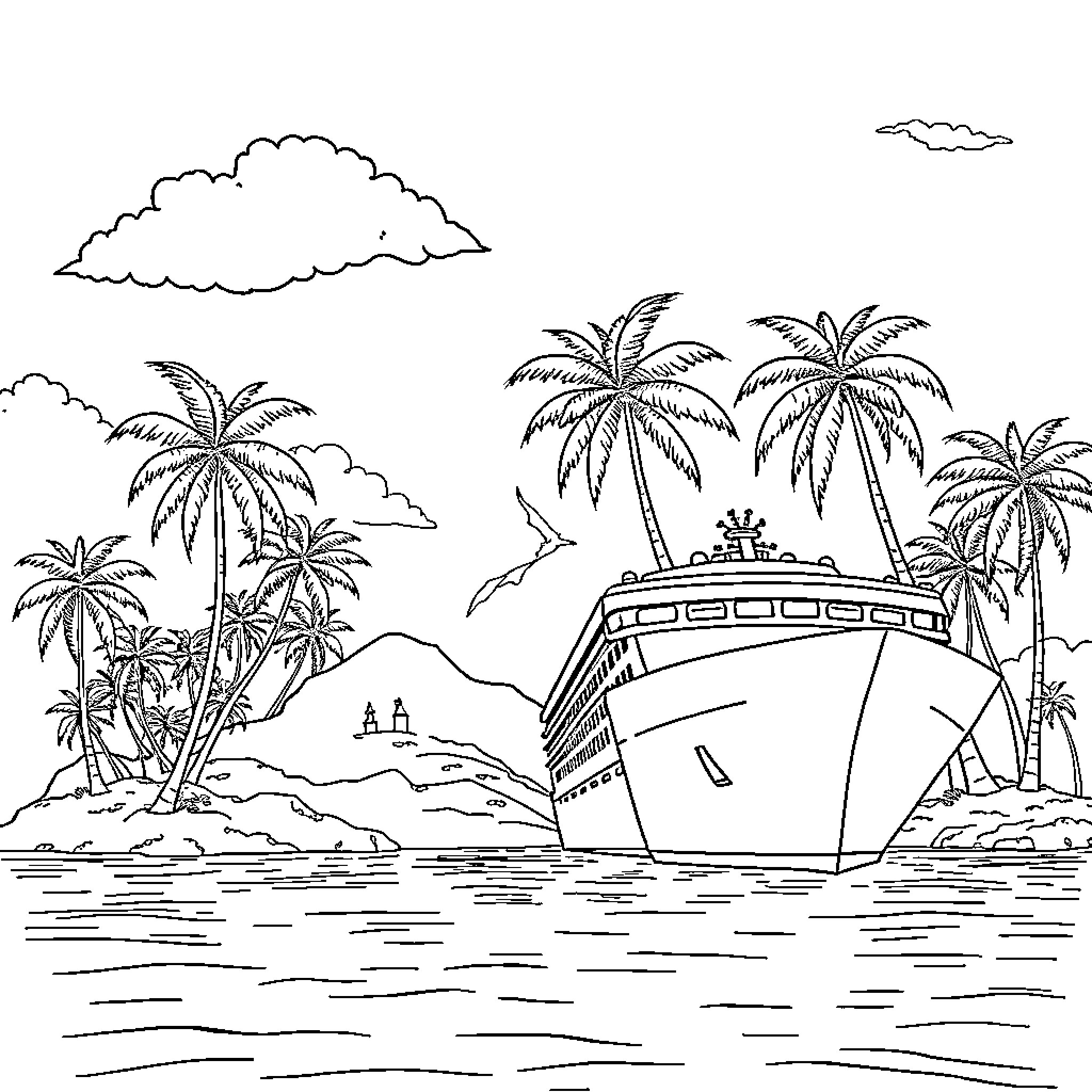 Cruise Ship Docked in Tropical Island Paradise Coloring Page (free black-and-white line drawing printable PDF for all, from beginners to advanced learners, including children, teens, adults, and seniors)