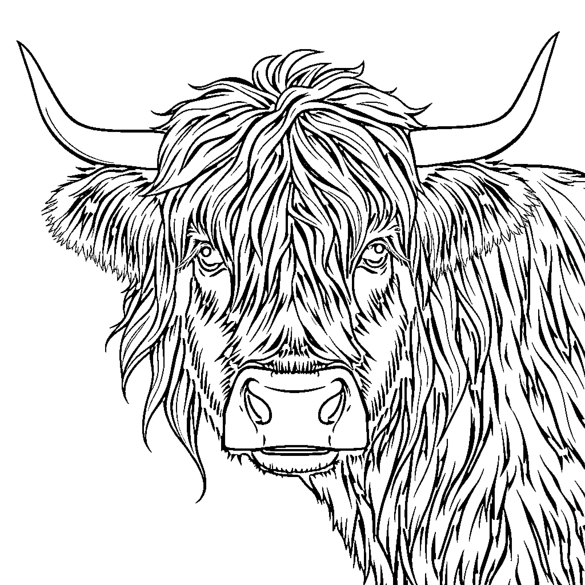 Highland Cow with Shaggy Fur and Horns Coloring Page (free black-and-white line drawing printable PDF for all, from beginners to advanced learners, including children, teens, adults, and seniors)