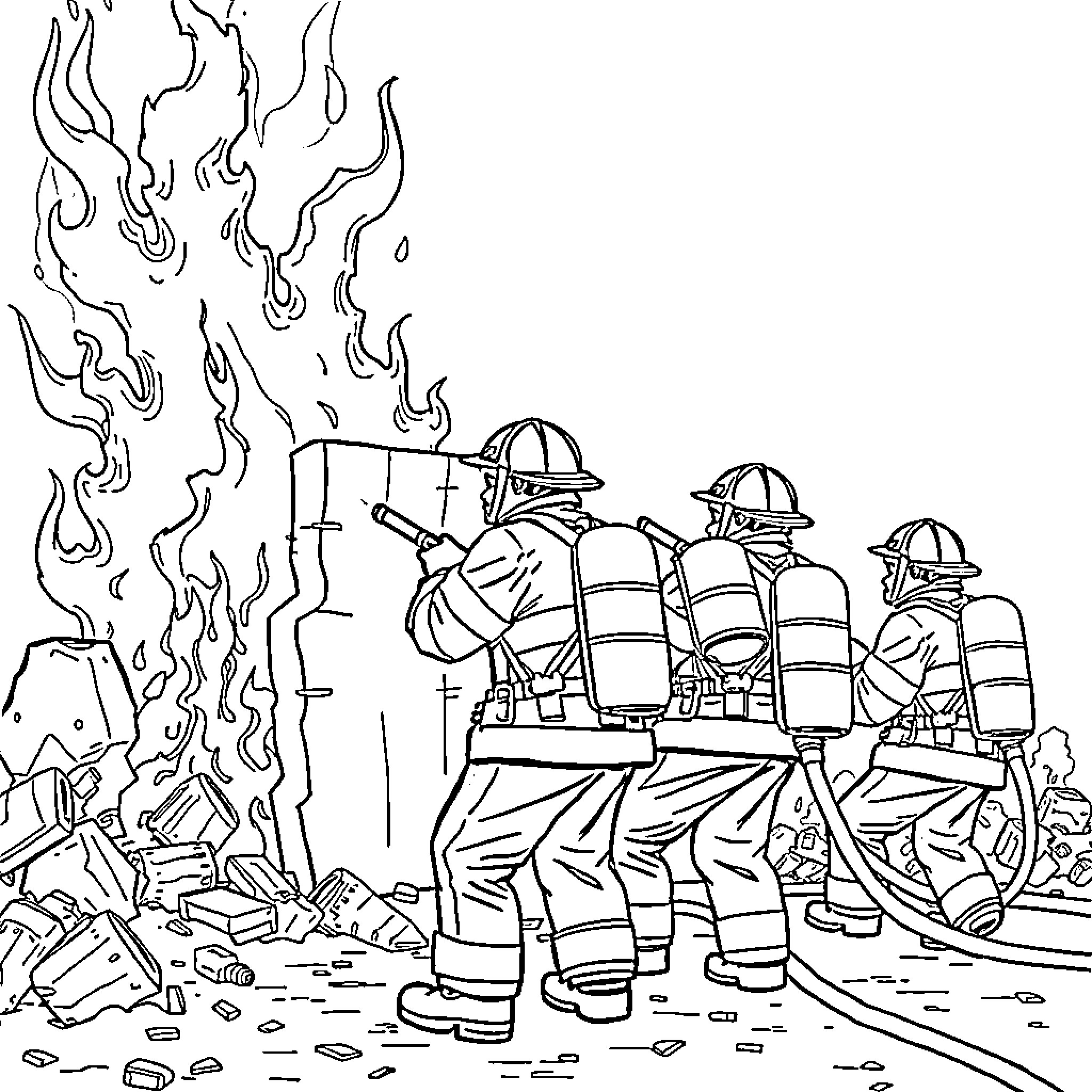 Firefighters battling a raging fire at the scene Coloring Page (free black-and-white line drawing printable PDF for all, from beginners to advanced learners, including children, teens, adults, and seniors)