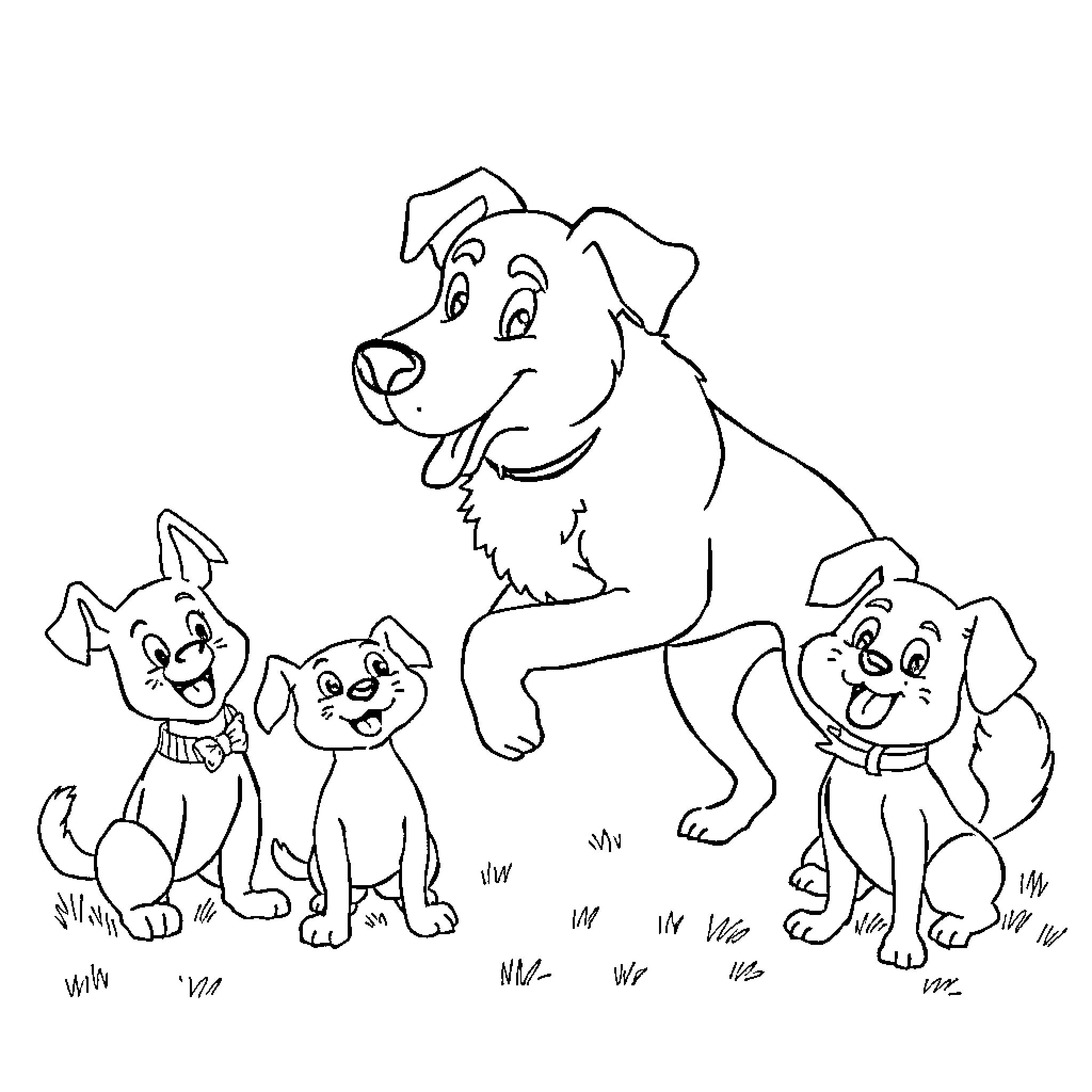Paw Patrol Dogs Happily Playing Together Coloring Page (free black-and-white line drawing printable PDF for all, from beginners to advanced learners, including children, teens, adults, and seniors)