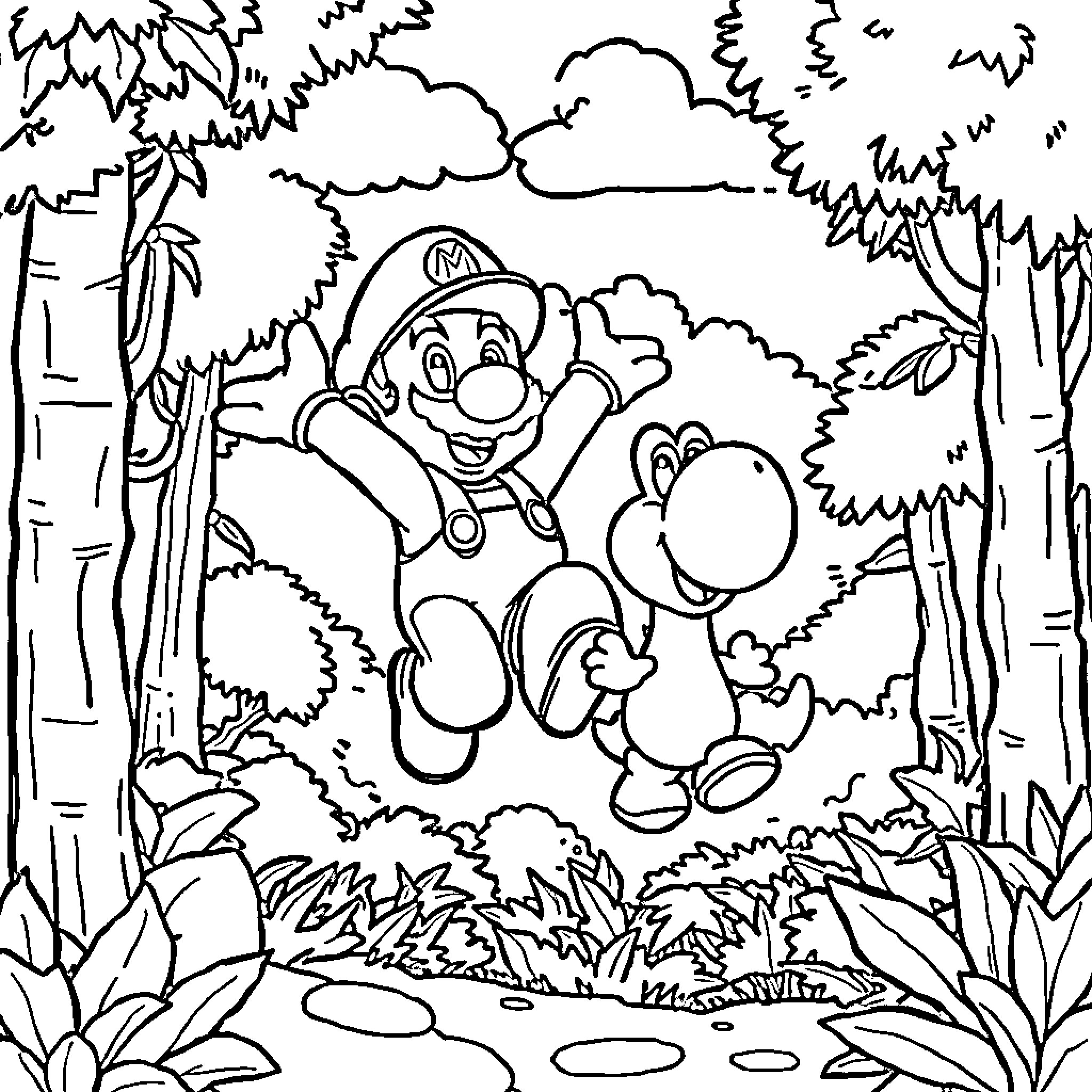 Super Mario and Yoshi in a Lush Forest Adventure Coloring Page (free black-and-white line drawing printable PDF for all, from beginners to advanced learners, including children, teens, adults, and seniors)
