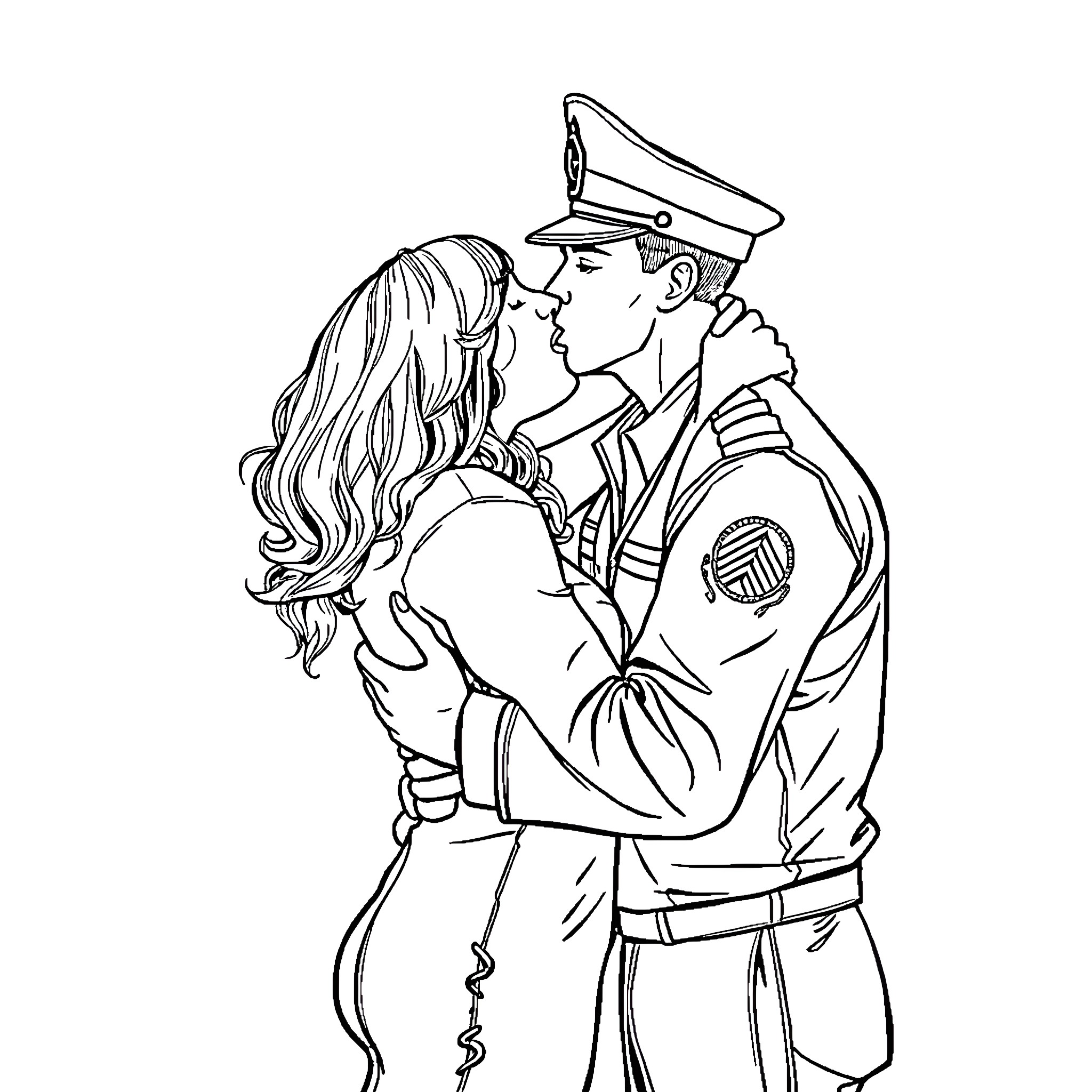 Lineman embracing woman in uniform Coloring Page (free black-and-white line drawing printable PDF for all, from beginners to advanced learners, including children, teens, adults, and seniors)