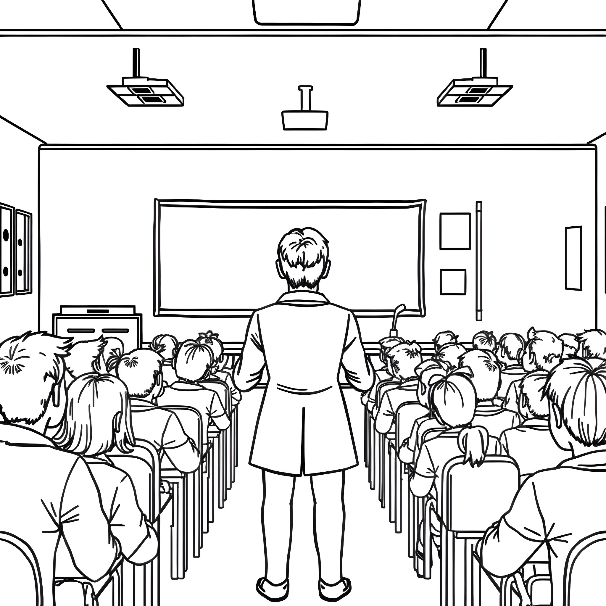 Teacher Instructing Students in Classroom Coloring Page (free black-and-white line drawing printable PDF for all, from beginners to advanced learners, including children, teens, adults, and seniors)