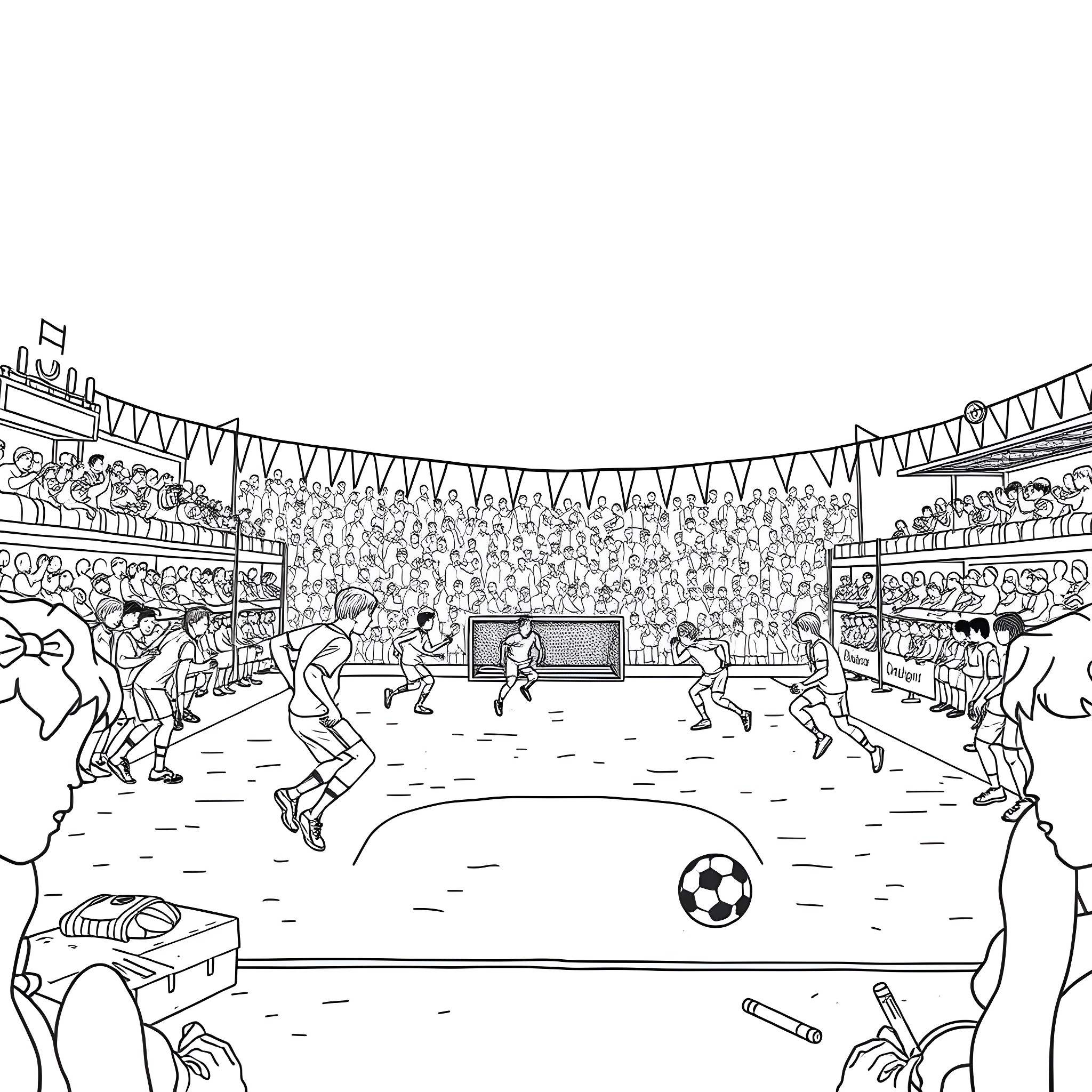 Bollybol Match: Energetic Soccer Players on the Field Coloring Page (free black-and-white line drawing printable PDF for all, from beginners to advanced learners, including children, teens, adults, and seniors)