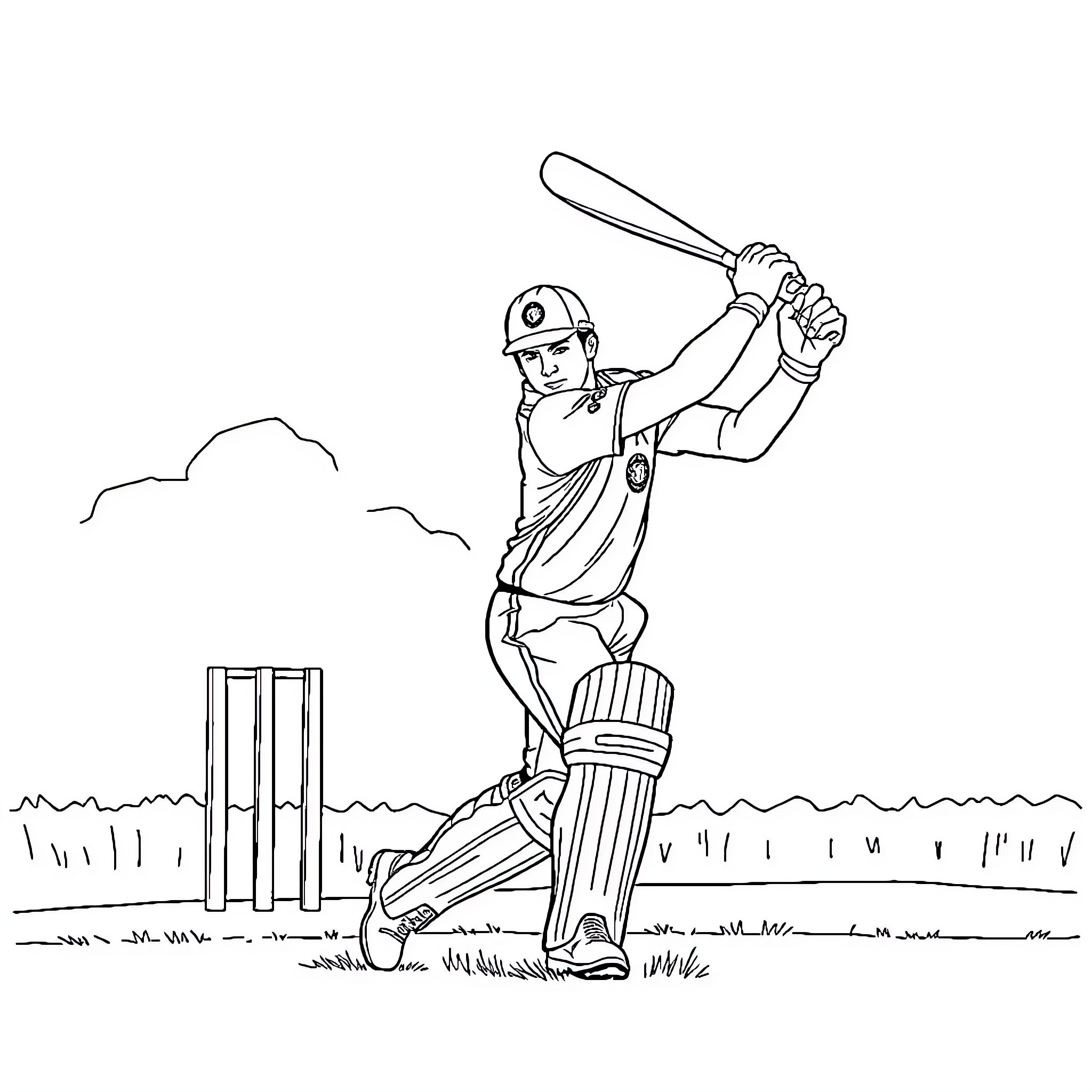 Ronaldo batting on the cricket field Coloring Page (free black-and-white line drawing printable PDF for all, from beginners to advanced learners, including children, teens, adults, and seniors)