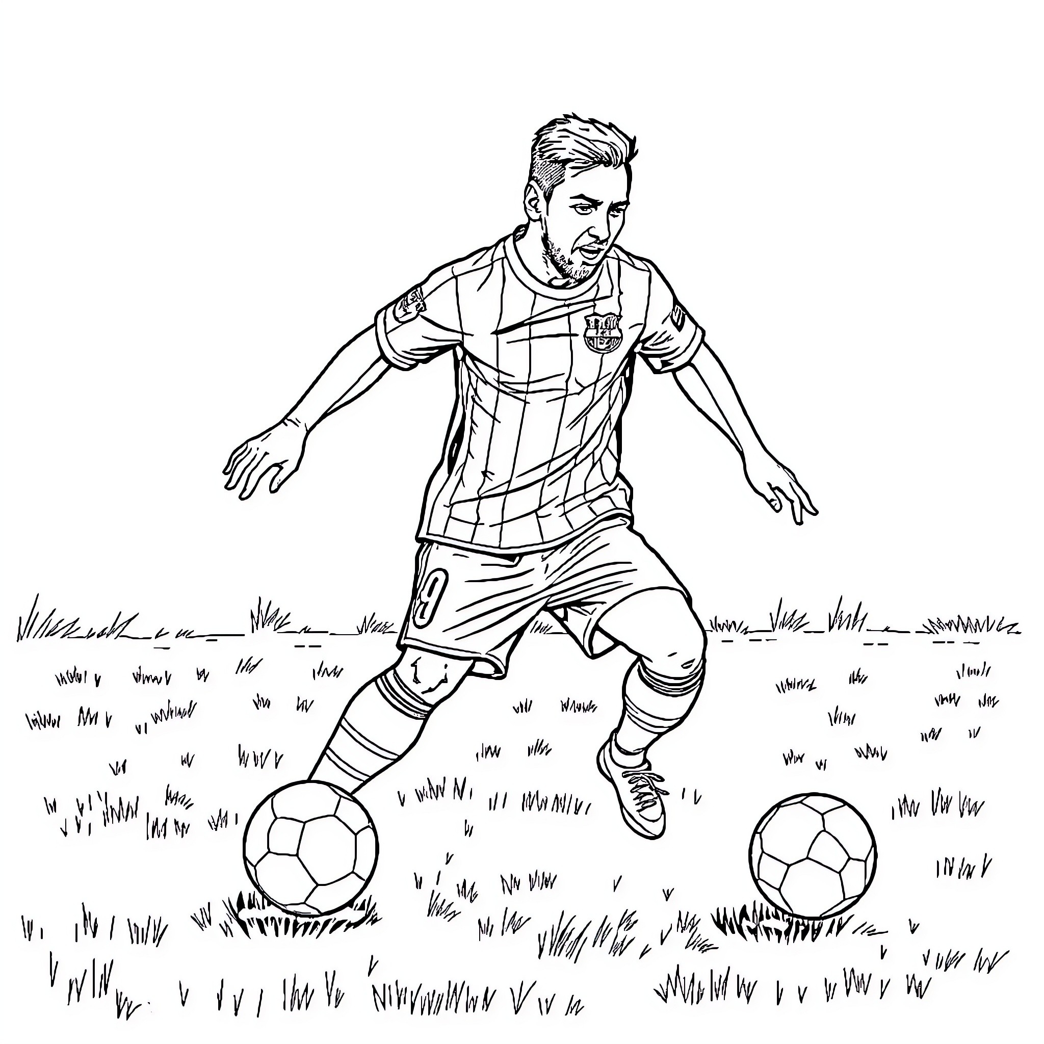 Messi dribbling soccer ball on grassy field Coloring Page (free black-and-white line drawing printable PDF for all, from beginners to advanced learners, including children, teens, adults, and seniors)