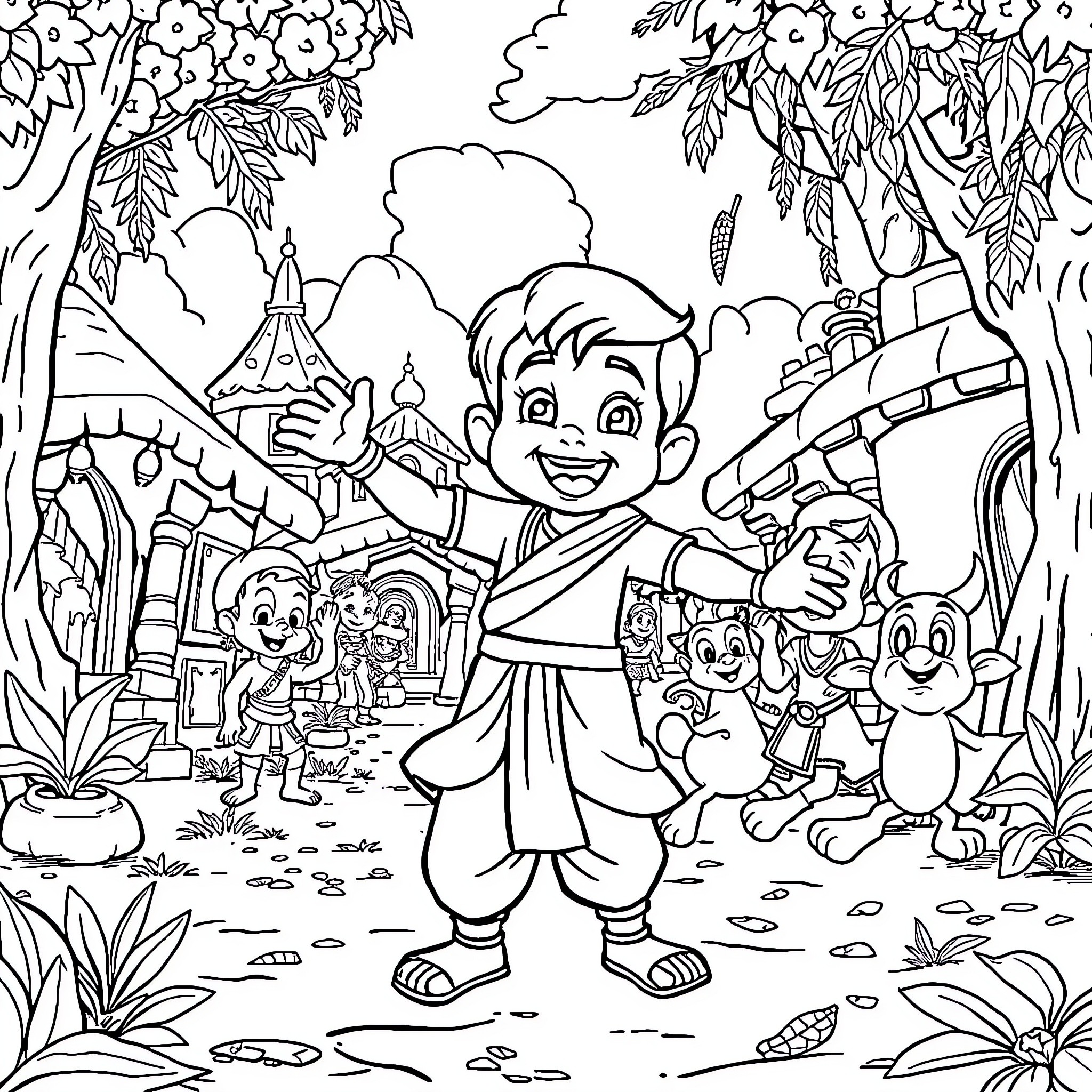 Chhota Bheem's Adventurous Journey in the Lush Forest Coloring Page (free black-and-white line drawing printable PDF for all, from beginners to advanced learners, including children, teens, adults, and seniors)