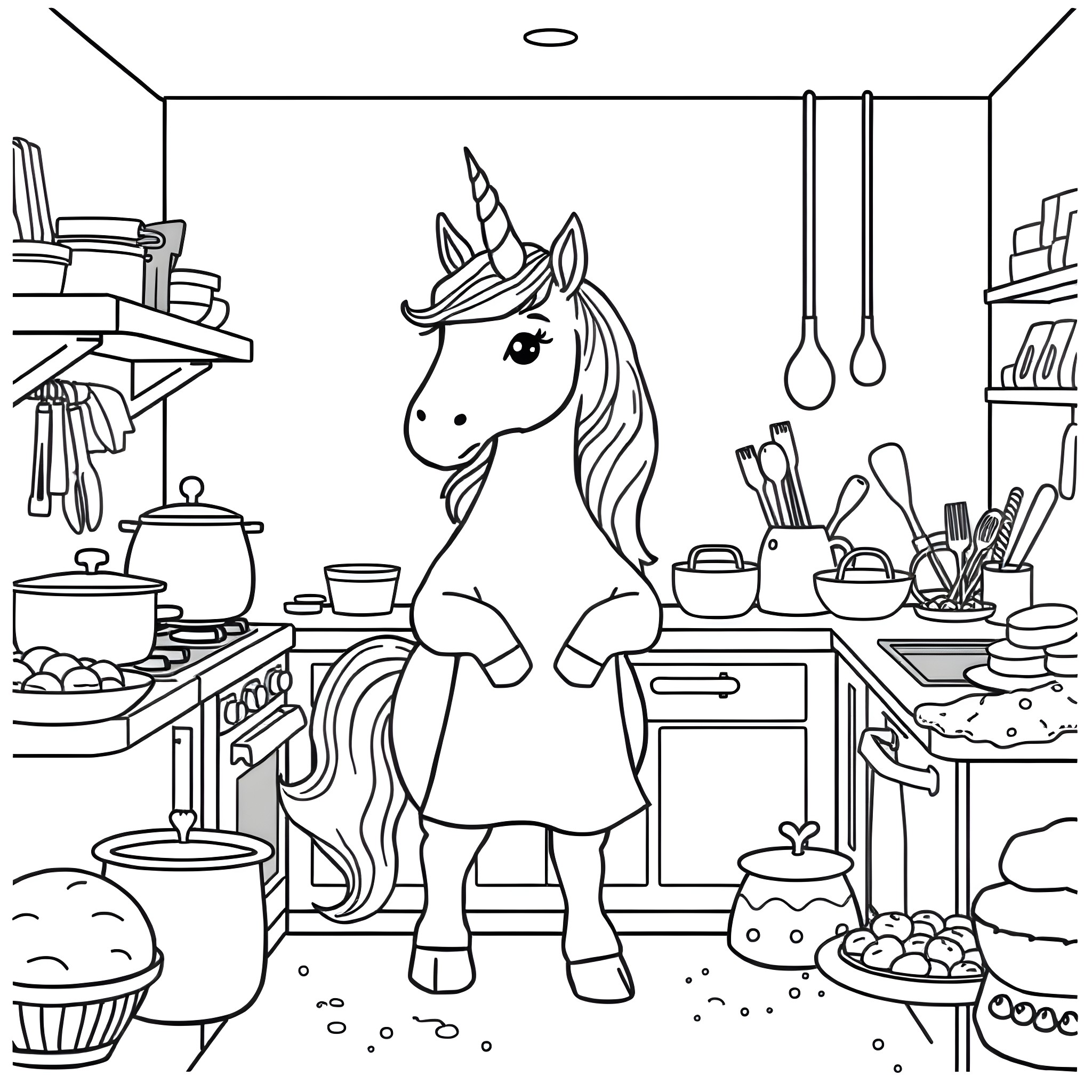 Unicorn Chef Cooking in a Busy Kitchen Coloring Page (free black-and-white line drawing printable PDF for all, from beginners to advanced learners, including children, teens, adults, and seniors)
