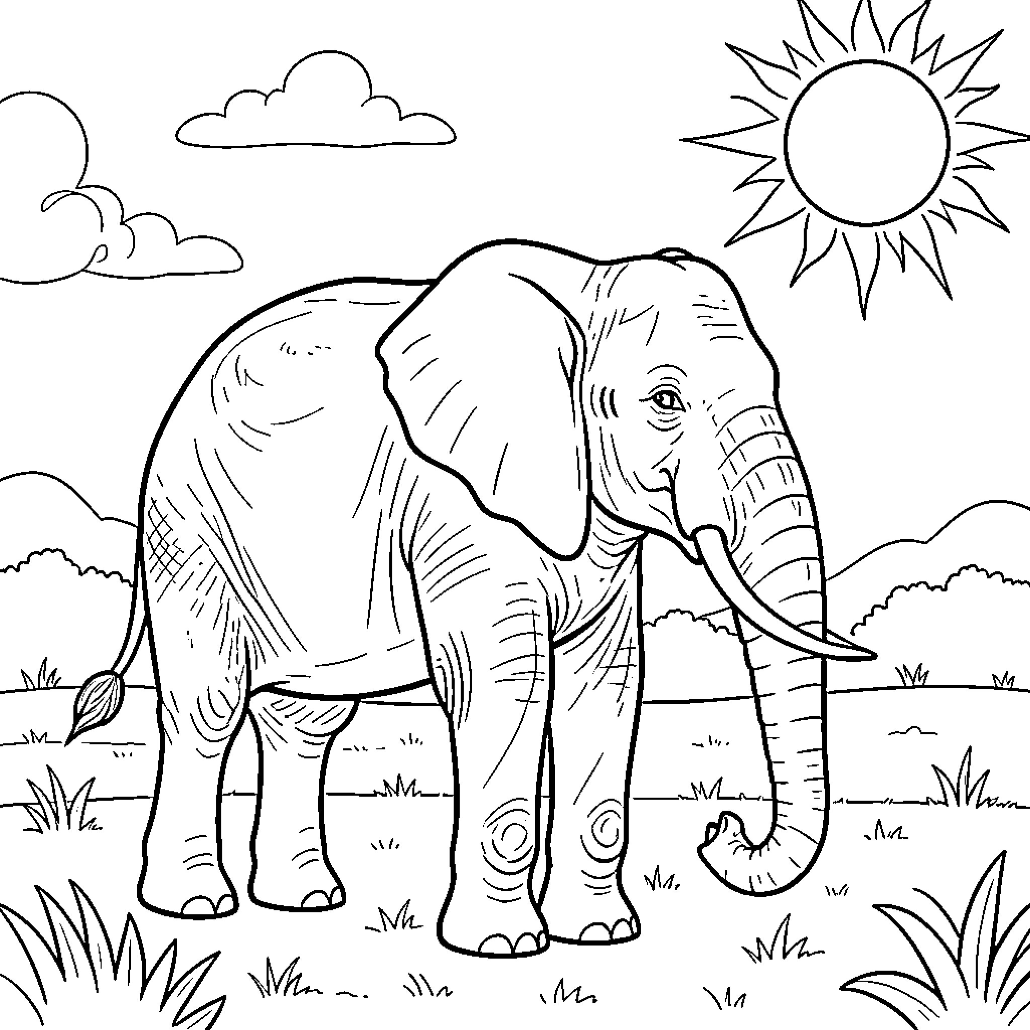 Elephant walking in the savanna Coloring Page (free black-and-white line drawing printable PDF for all, from beginners to advanced learners, including children, teens, adults, and seniors)