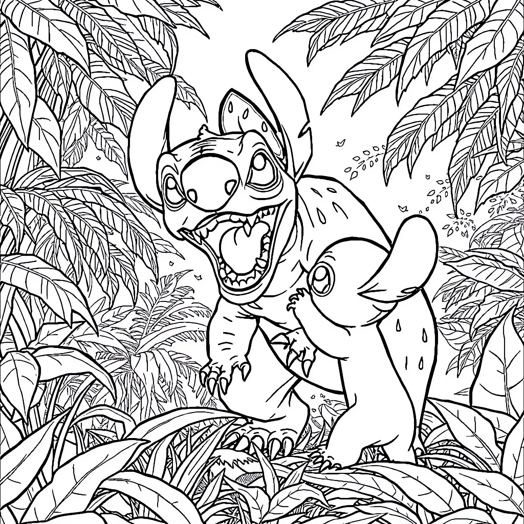 Tyrannosaurus Stitch and Lilo playing in jungle Coloring Page (free black-and-white line drawing printable PDF for all, from beginners to advanced learners, including children, teens, adults, and seniors)