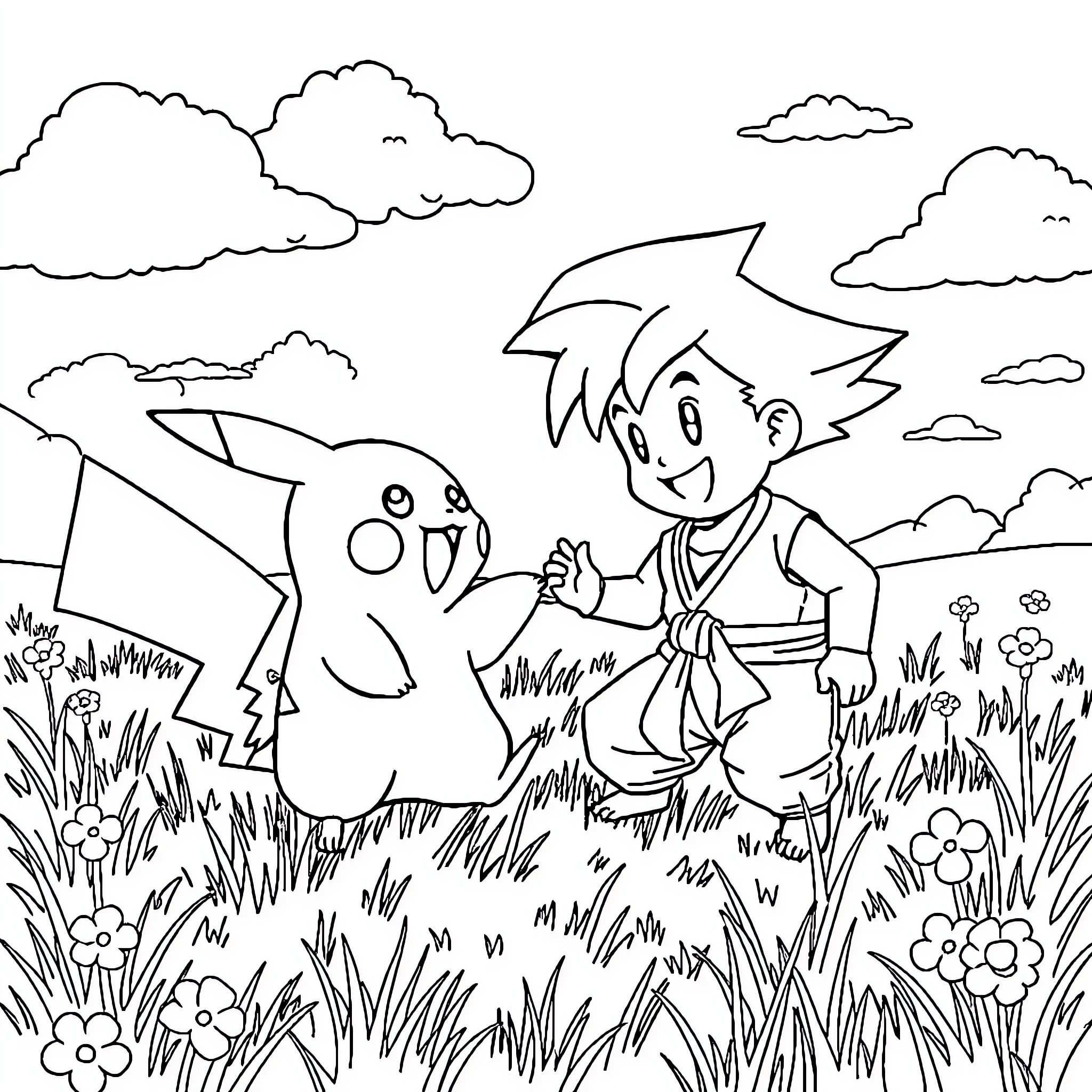 Pikachu and boy playing in grassy field Coloring Page (free black-and-white line drawing printable PDF for all, from beginners to advanced learners, including children, teens, adults, and seniors)