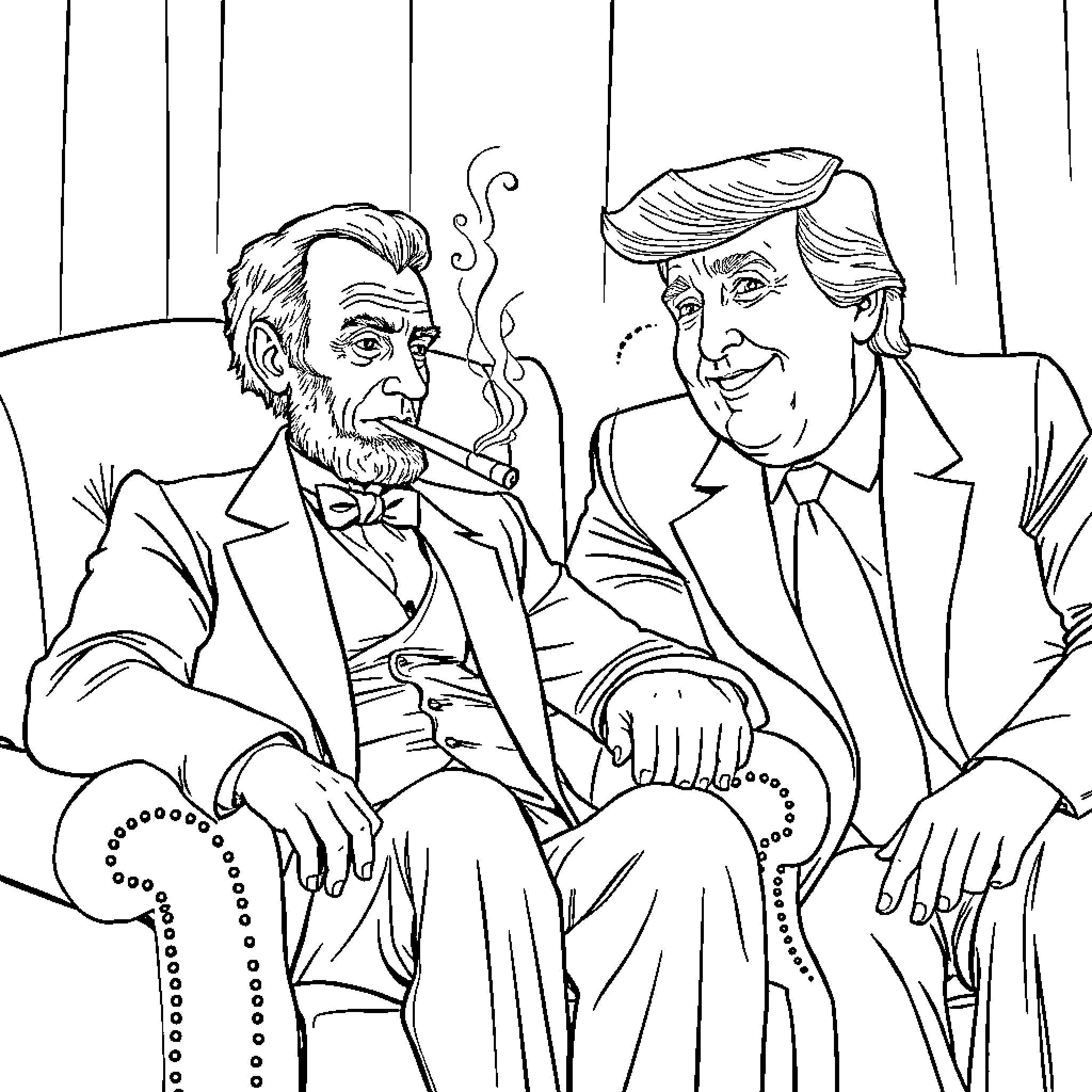 Abraham Lincoln and Donald Trump in formal attire Coloring Page (free black-and-white line drawing printable PDF for all, from beginners to advanced learners, including children, teens, adults, and seniors)