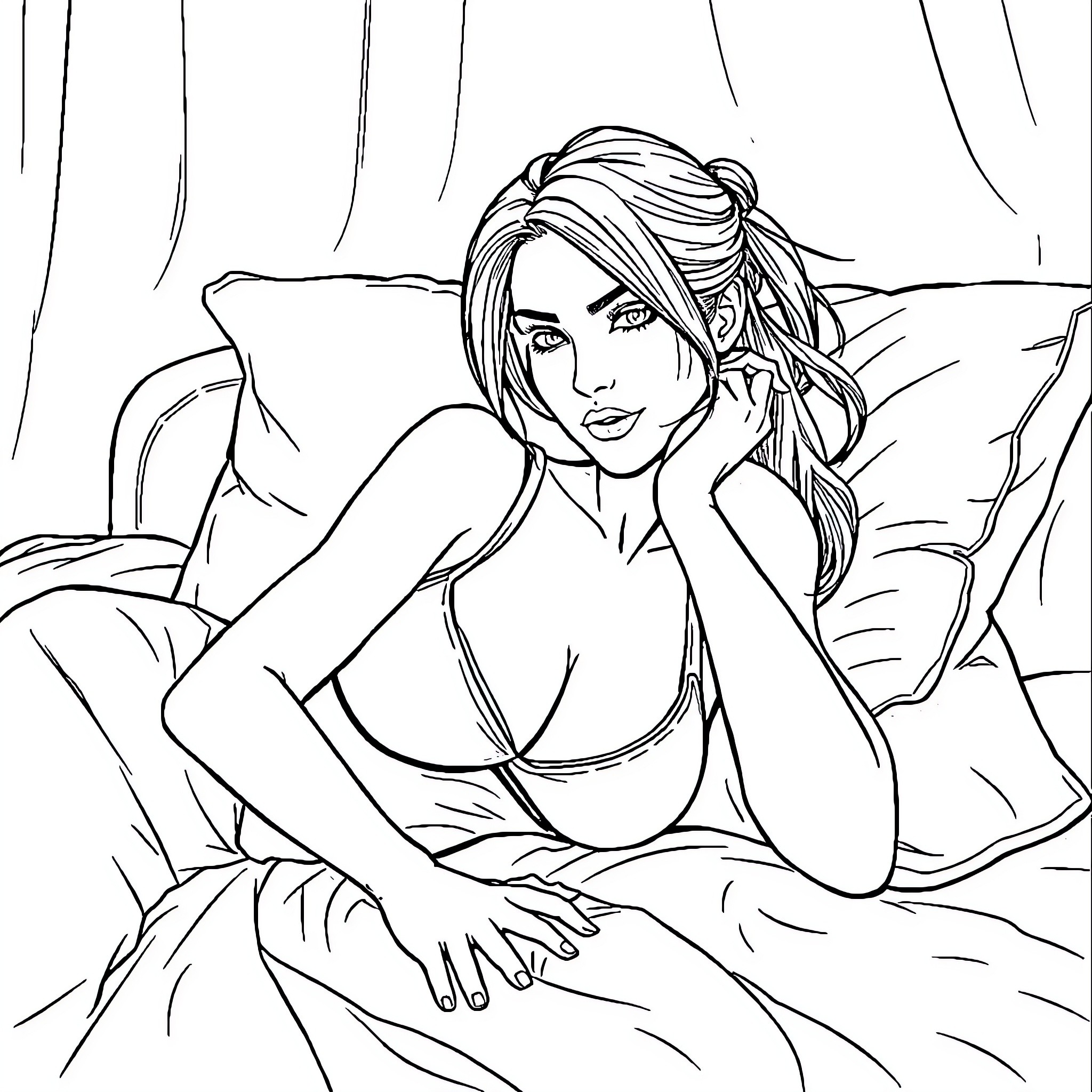 Lara Croft in a pensive moment Coloring Page (free black-and-white line drawing printable PDF for all, from beginners to advanced learners, including children, teens, adults, and seniors)