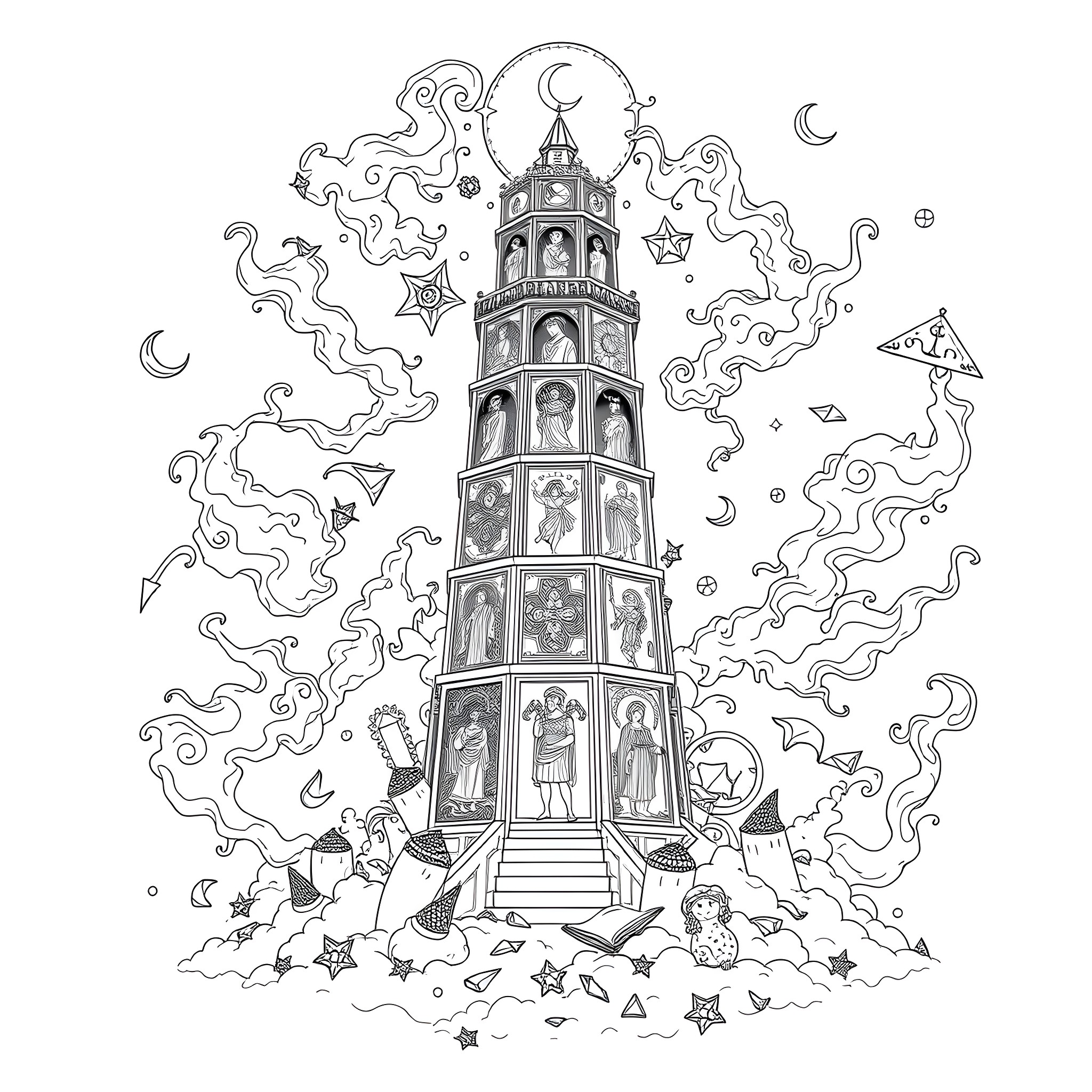Tarot Card of a Whimsical Tower Reaching Towards the Stars Coloring Page (free black-and-white line drawing printable PDF for all, from beginners to advanced learners, including children, teens, adults, and seniors)