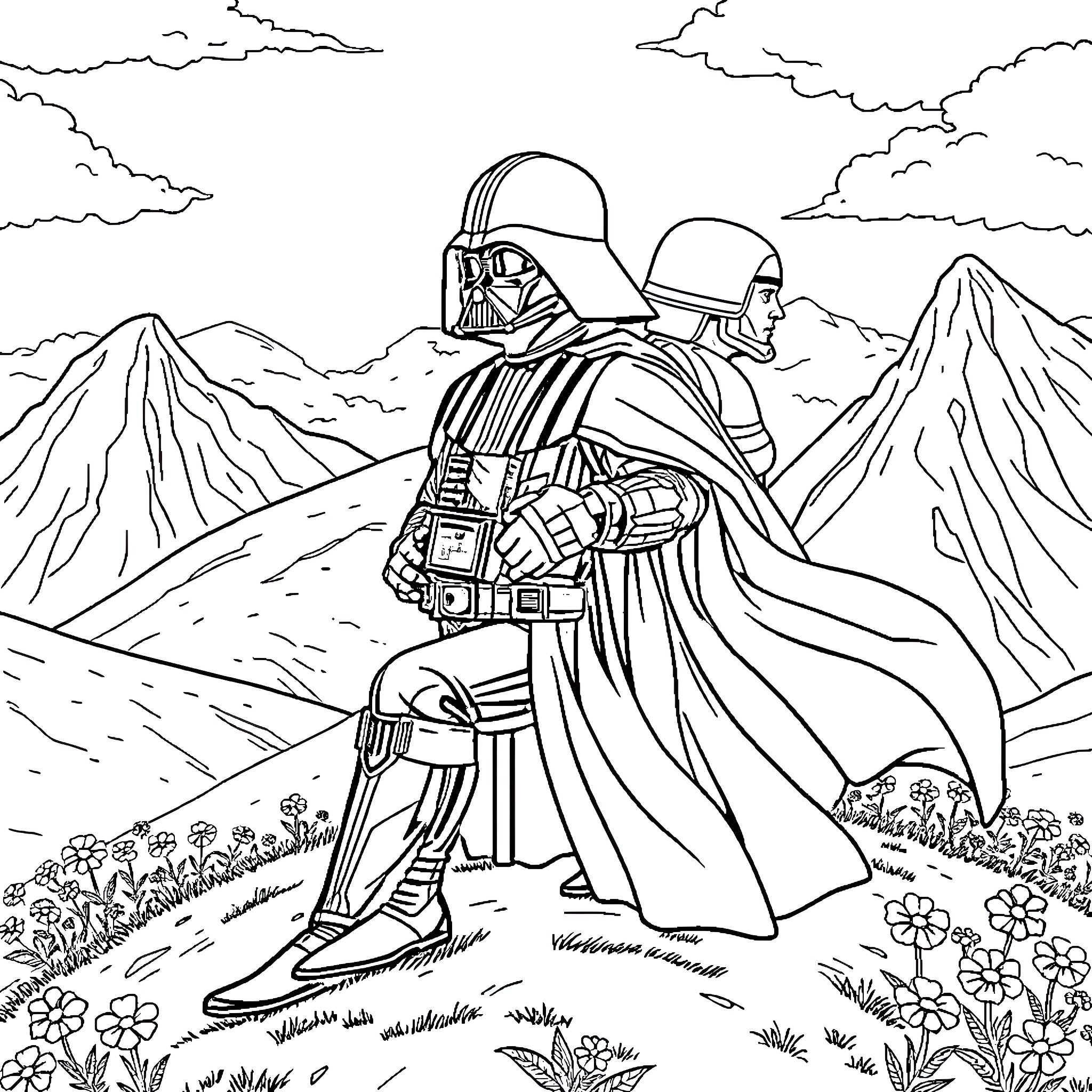 Darth Vader in an outdoor landscape Coloring Page (free black-and-white line drawing printable PDF for all, from beginners to advanced learners, including children, teens, adults, and seniors)