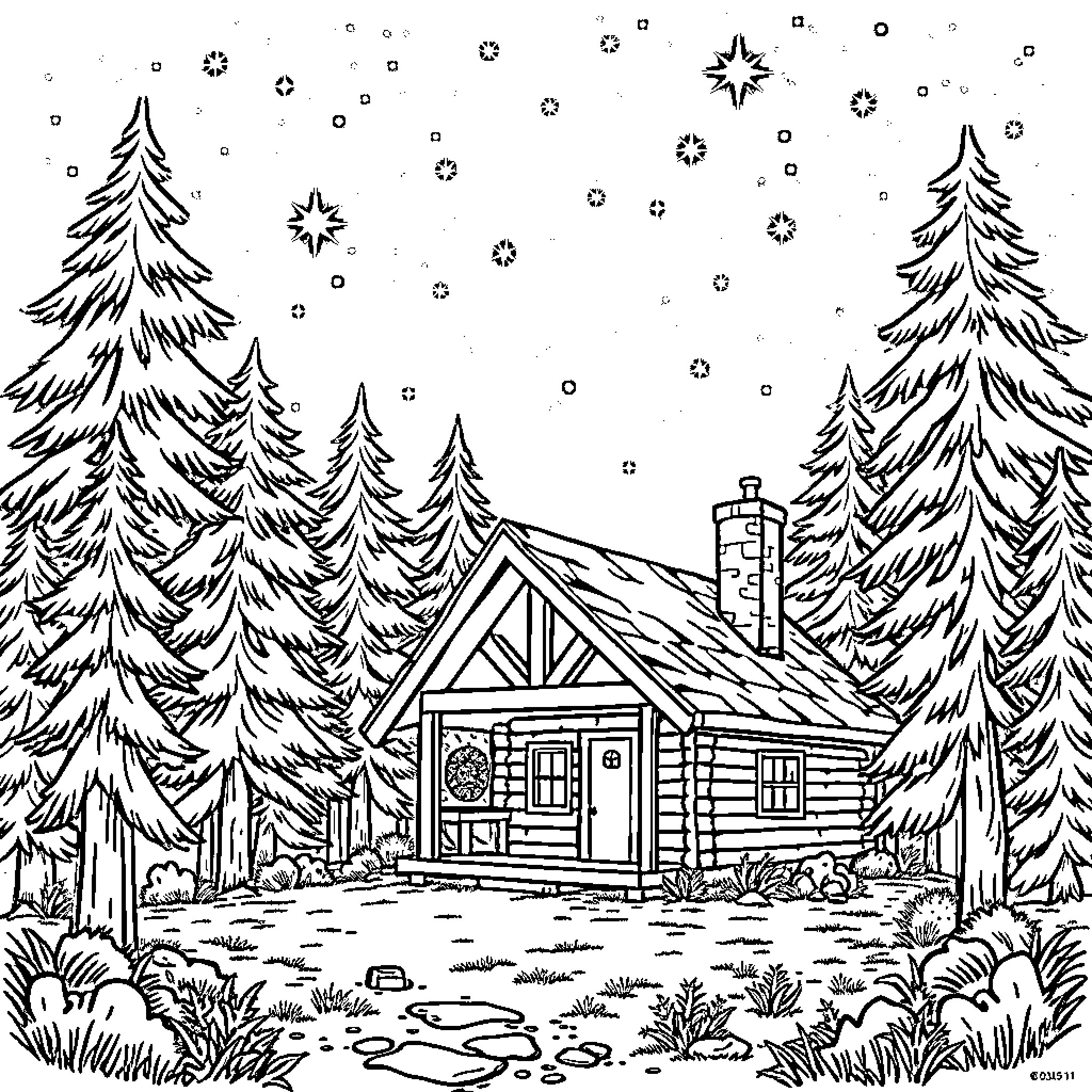 Cabin in the snowy forest scene Coloring Page (free black-and-white line drawing printable PDF for all, from beginners to advanced learners, including children, teens, adults, and seniors)