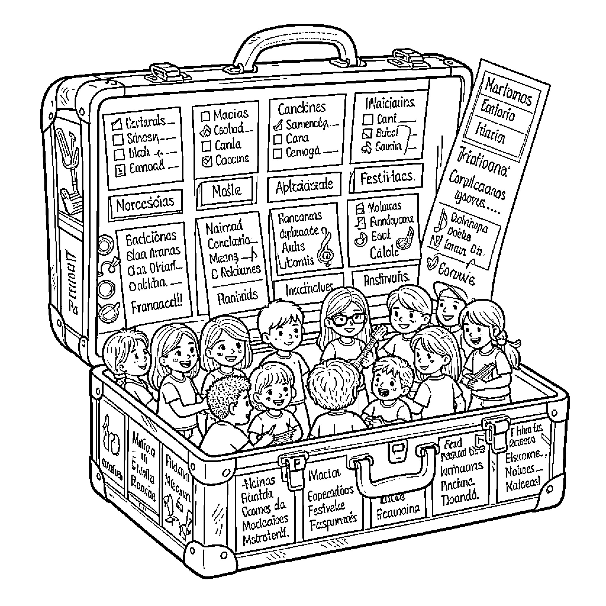 Maleta filled with many happy children and various notes Coloring Page (free black-and-white line drawing printable PDF for all, from beginners to advanced learners, including children, teens, adults, and seniors)