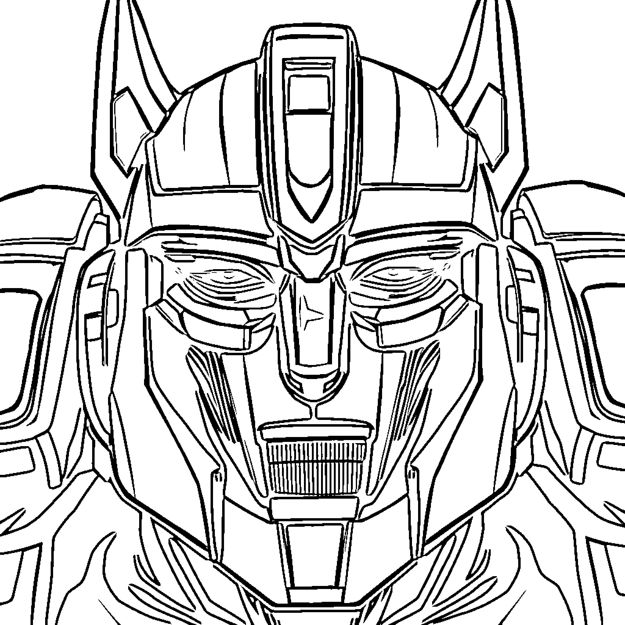 Optimus Prime's powerful robotic visage Coloring Page (free black-and-white line drawing printable PDF for all, from beginners to advanced learners, including children, teens, adults, and seniors)