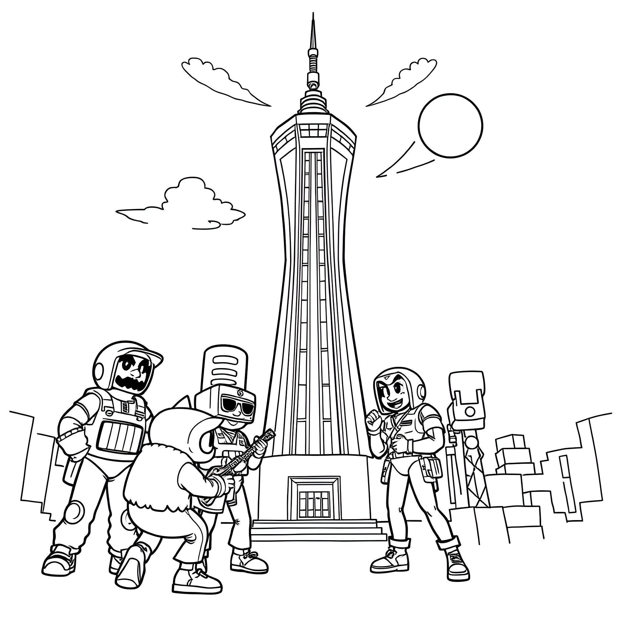 Videogame Characters Exploring Futuristic City Coloring Page (free black-and-white line drawing printable PDF for all, from beginners to advanced learners, including children, teens, adults, and seniors)