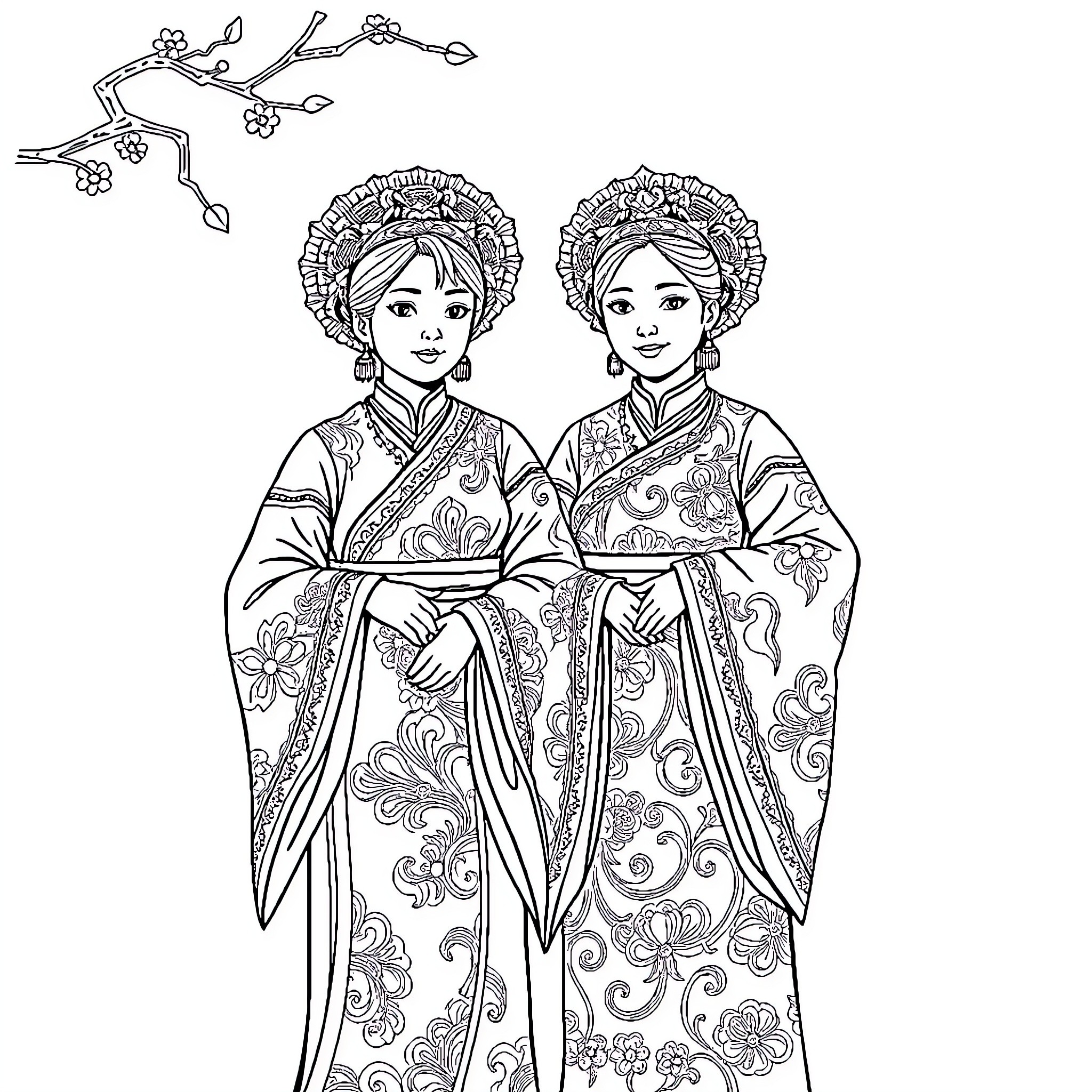 Mumbers: Two women in traditional Asian attire Coloring Page (free black-and-white line drawing printable PDF for all, from beginners to advanced learners, including children, teens, adults, and seniors)