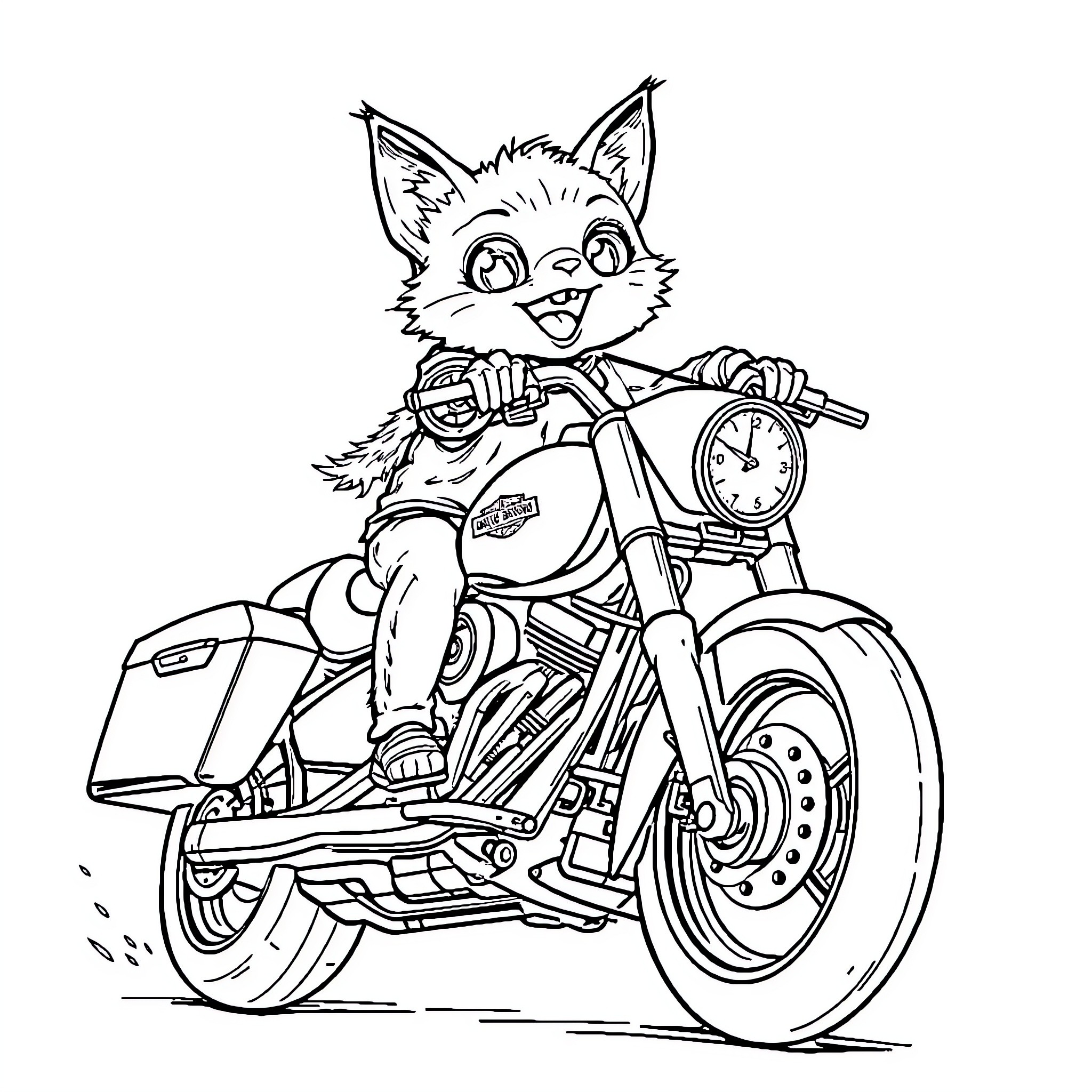 Baby Grot riding motorcycle with excitement Coloring Page (free black-and-white line drawing printable PDF for all, from beginners to advanced learners, including children, teens, adults, and seniors)
