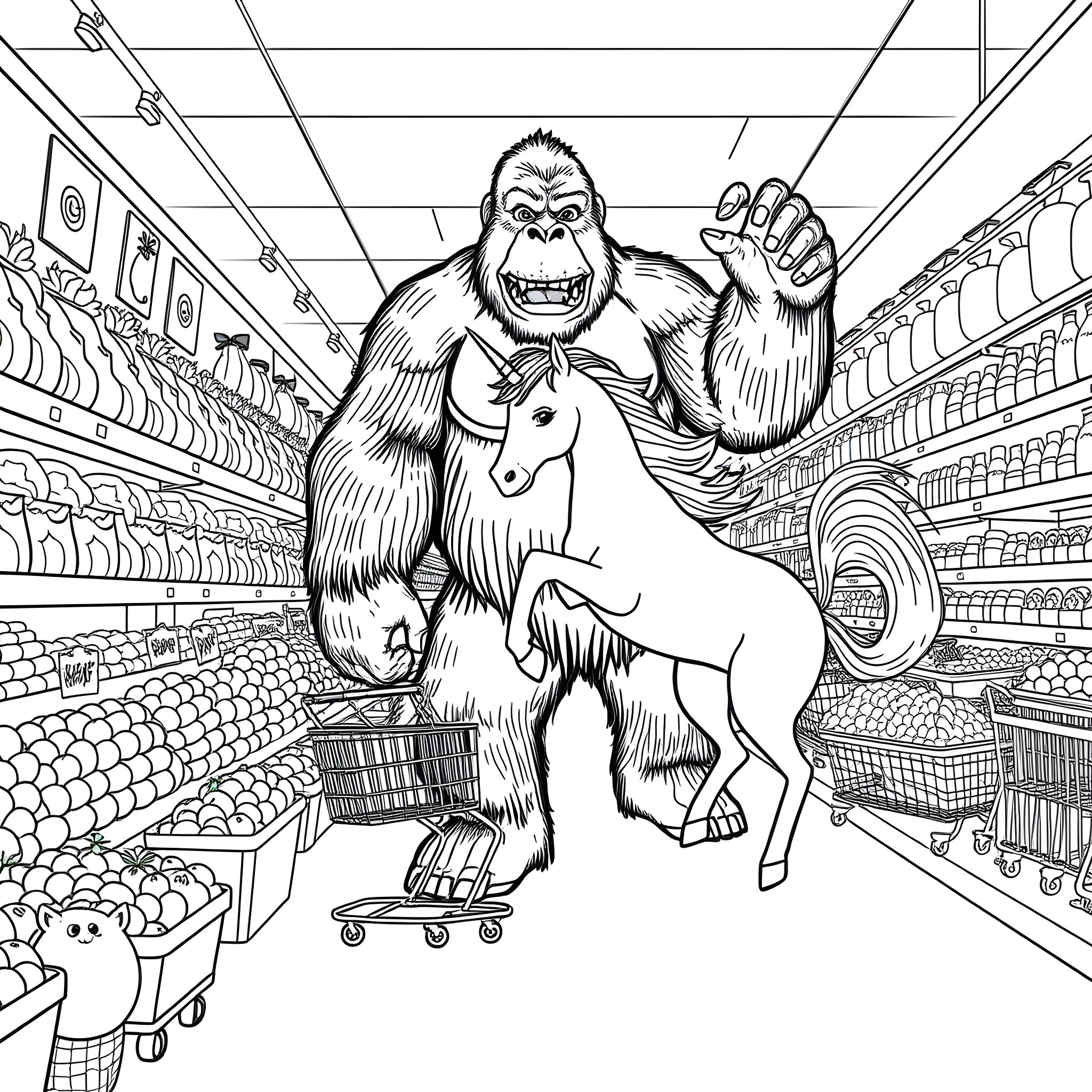 Unicorn Shopping with Bigfoot in Grocery Store Coloring Page (free black-and-white line drawing printable PDF for all, from beginners to advanced learners, including children, teens, adults, and seniors)